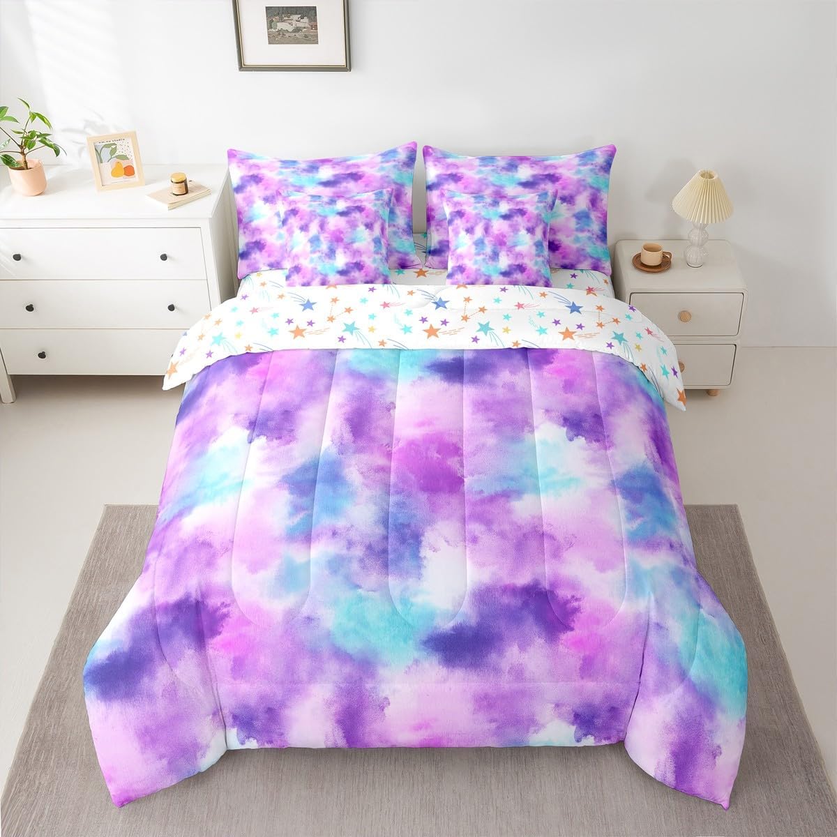 Feelyou Colorful Comforter Set with Sheets 7 Piece Full Size Tie Dye Watercolor Bedding Set for Kids Teens Dreamy Girly Bed in a Bag Room Decor Soft Lightweight Microfiber