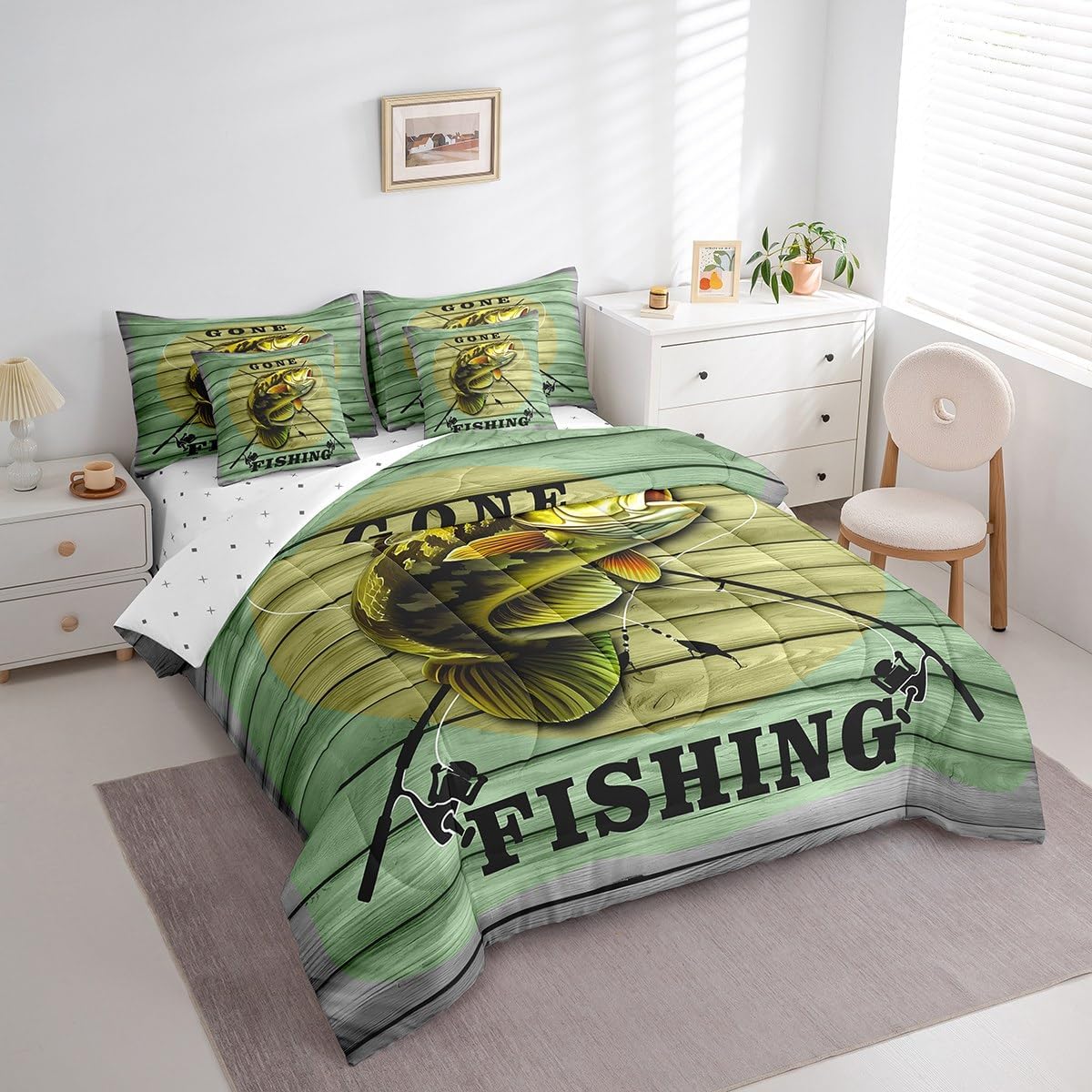 Feelyou Full Comforter Set Pike Fish 7 Pieces, All Season Bass Big Fish Bed in a Bag for Bedroom, Fishing and Hunting Rustic Wooden Bedding Set with Comforters, Sheets, Pillowcases & Shams - Image 2