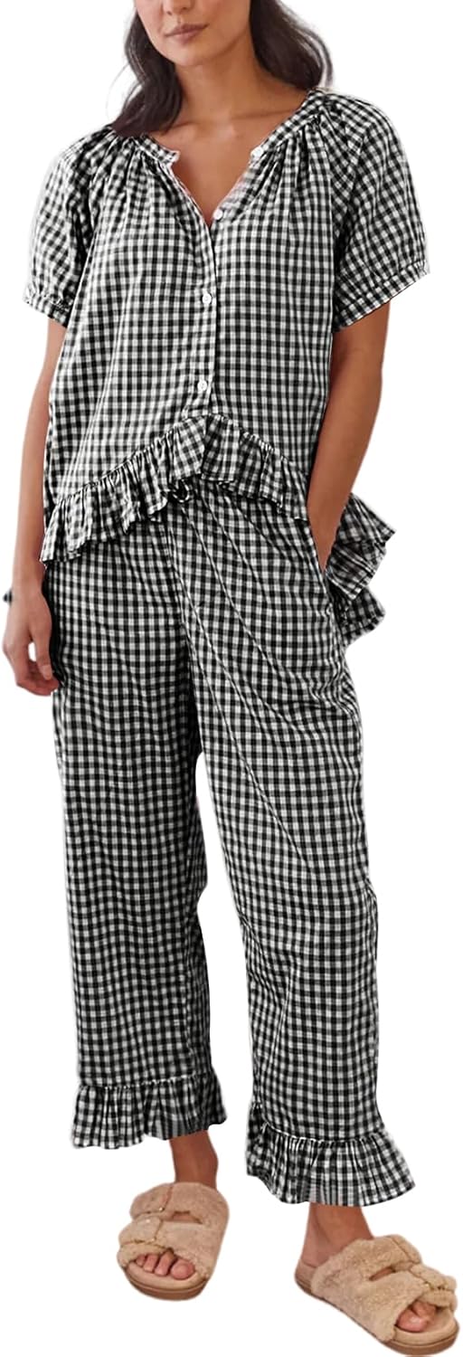 Gihuo Gingham Pajama Set for Women 2 Piece Plaid Cotton Button Down Top and Pants Ruffle Babydoll Pjs Lounge Sets
