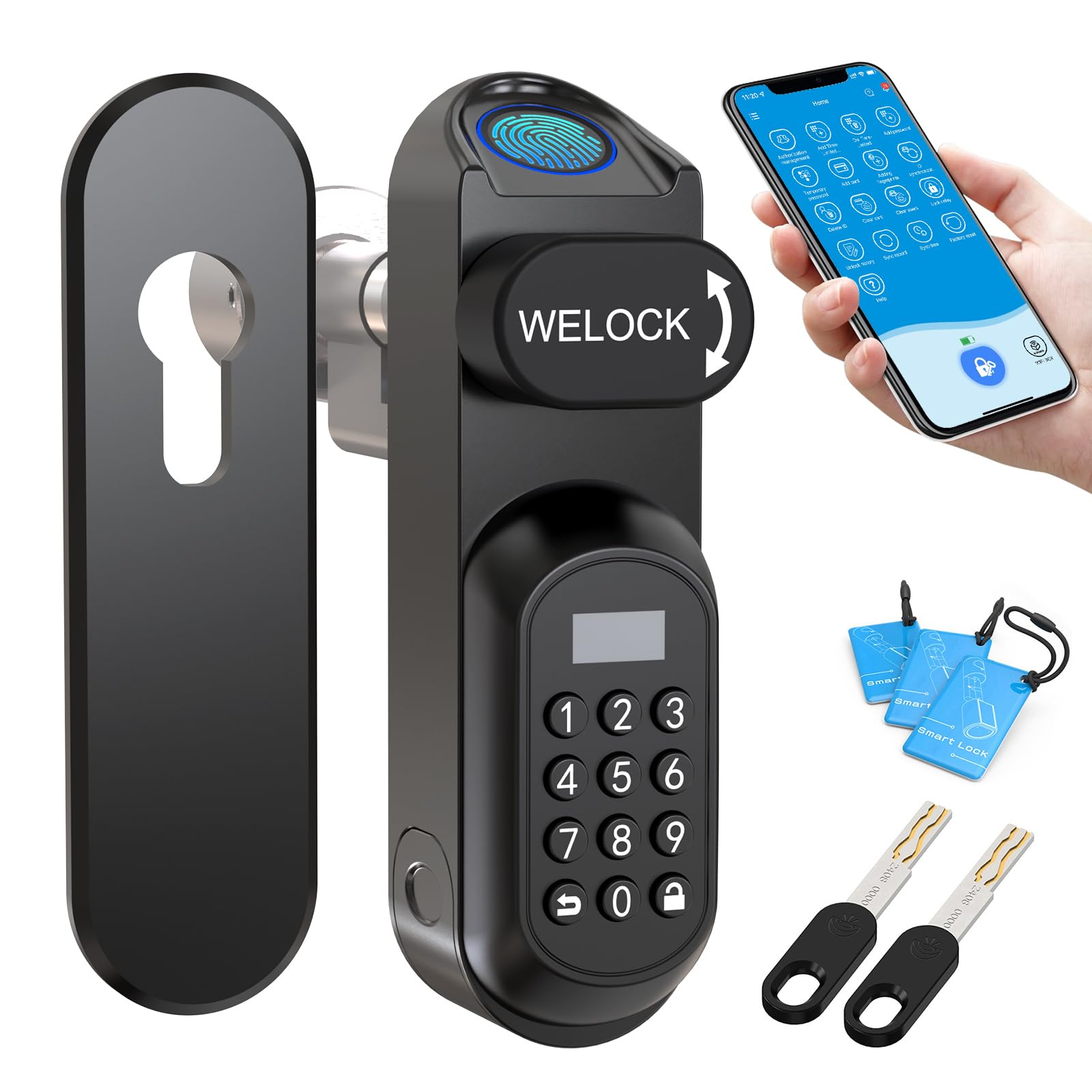 WELOCK U81 Smartes Türschloss Ultra mit Fingerabdruck Passwort WLAN App und RFID Karte Ersatzteil Mechanischer Schlüssel, Elektronisches Türschloss Haustür, Verstellbarer für 50-90mm EU-Profiltür