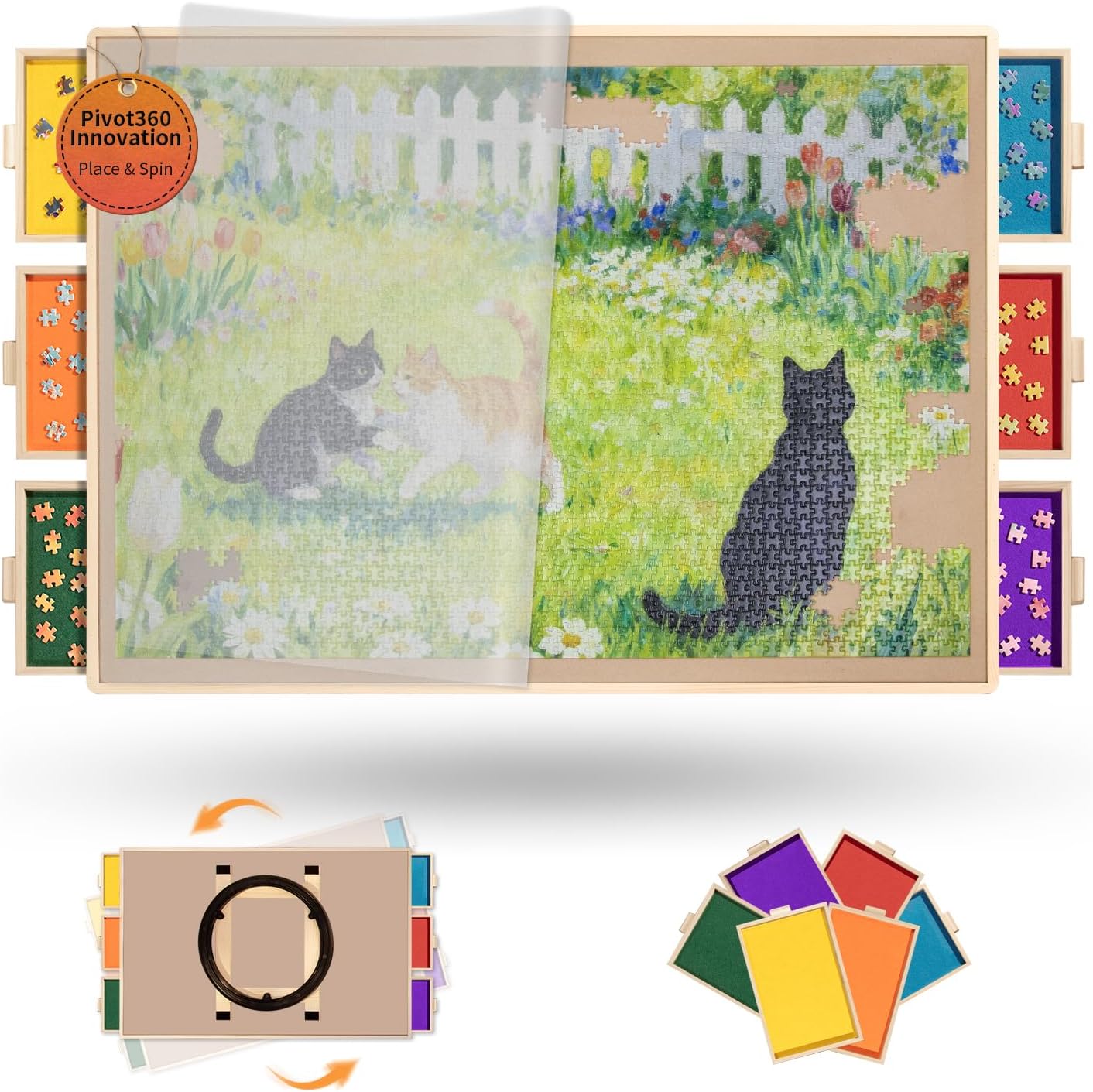 1500 Piece Rotating Puzzle Board Pro, 34" x 26" with 6 Drawers, Rubber Cover Mat, 360° Lasy Susan, Sort-Wise Colorful Felt Drawers & 4 Trays, Wooden Jigsaw Puzzle Table, Gray