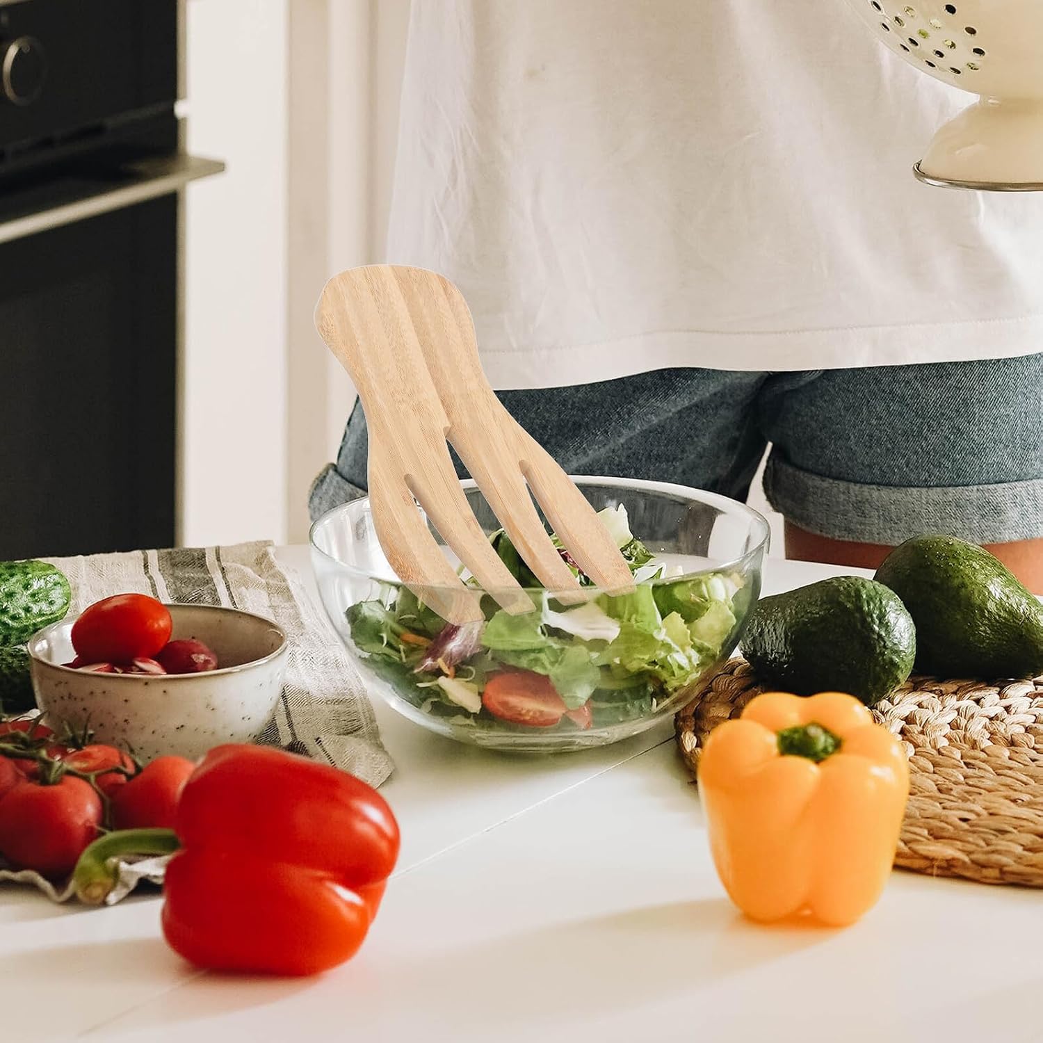 Bamboo Salad Mixing Tool Hand Shape Kitchen Server