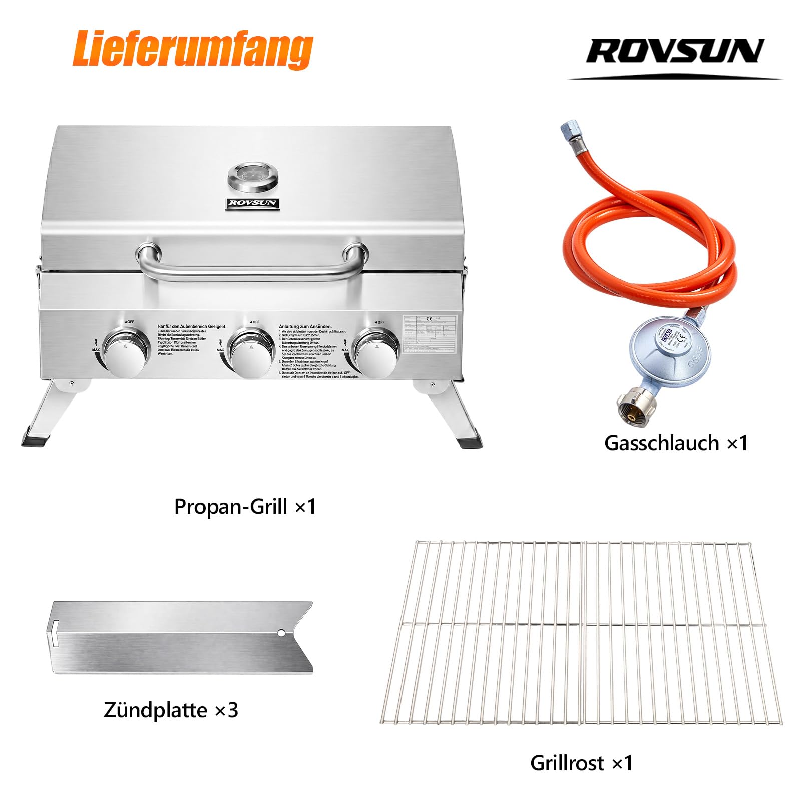 ROVSUN 6,6 kw Gasgrill mit 3 Brenner Gasgrill Camping mit Deckel & Thermometer 61x43x40 cm, Tischgrill für Hinterhof, Terrasse, Camping, Strand & Picknick