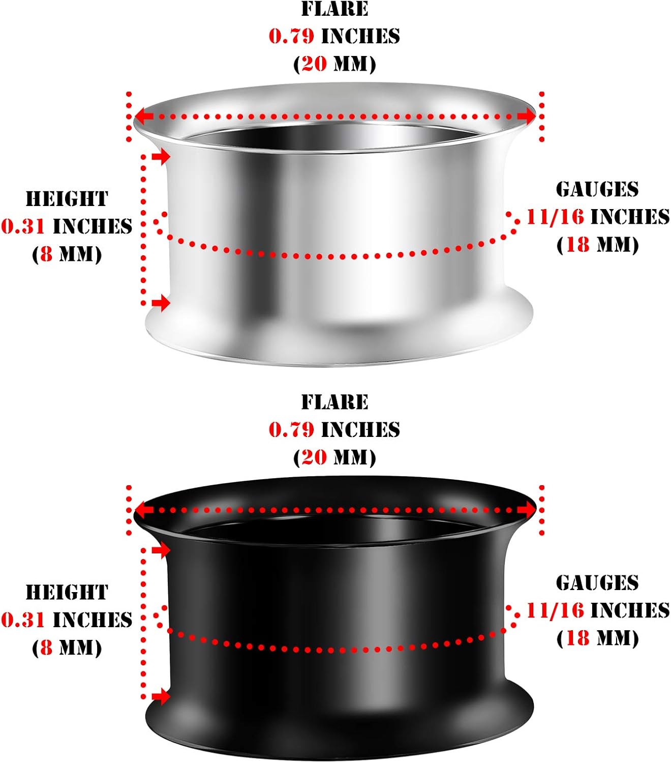 2 Pairs of Stainless Steel Black Anodized Double Flared Piercing Jewelry Ear Stretching Lobe Plugs Tunnel Earring