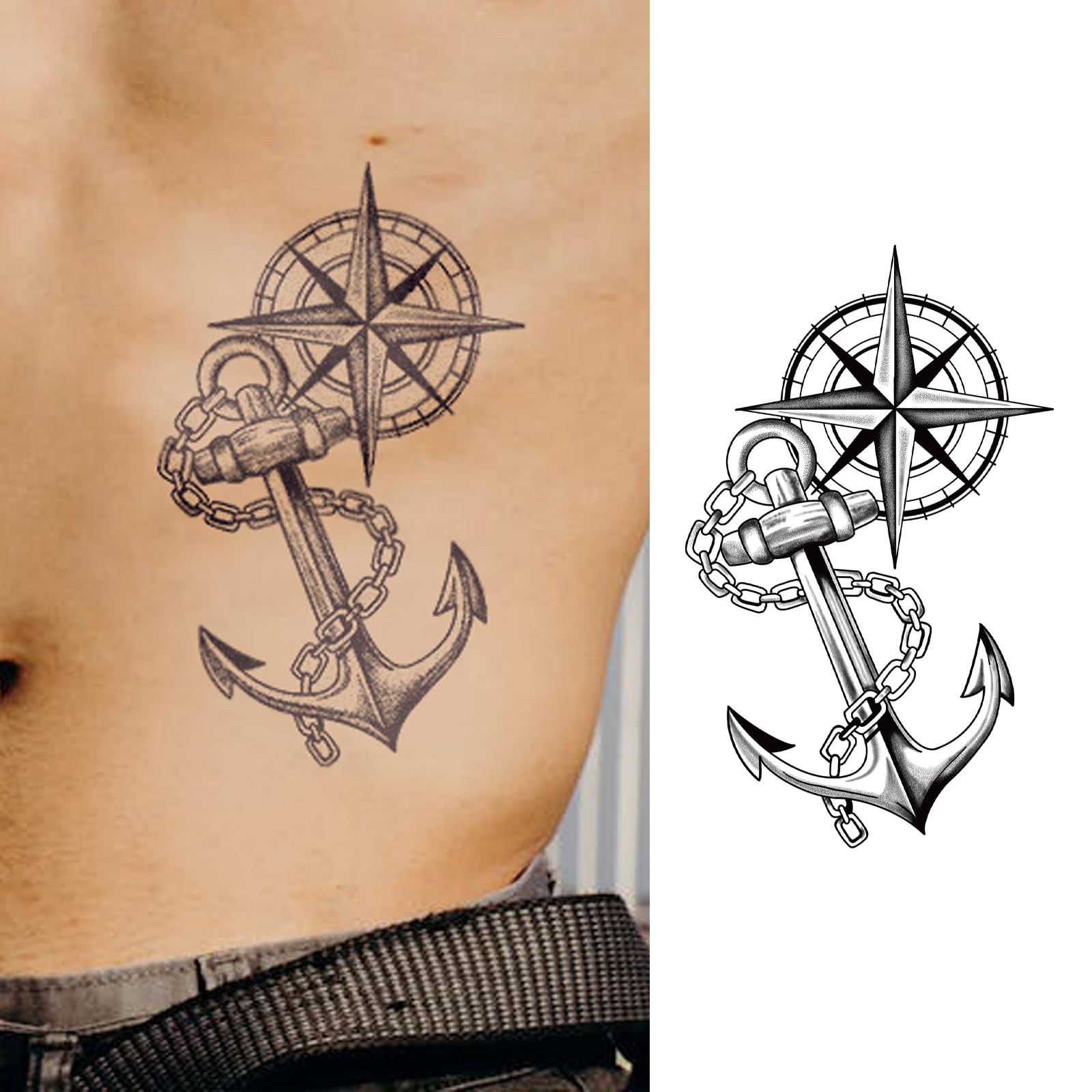 Photo 1 of WEEKINK Large Anchor Temporary Tattoos for Men – Waterproof, 7-14 Days Realistic Fake Tattoos, Nautical Compass Semi-Permanent Tattoo Stickers for Arm Chest Shoulder