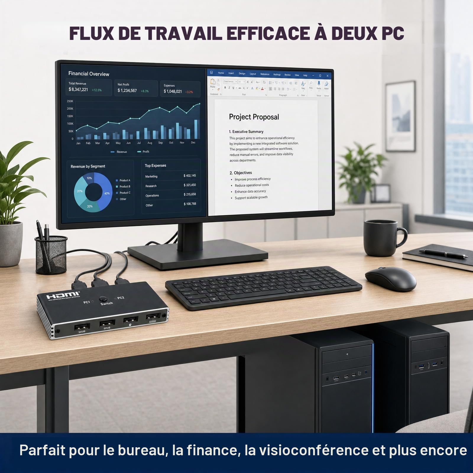 Commutateur KVM HDMI 2 PC 1 moniteur 4K 60 Hz KVM Switch pour 2 in 1 out | Plug&Play, 2 entrées 1 sortie, USB 2.0, télécommande IR incluse, idéal pour gaming, stable & fiable