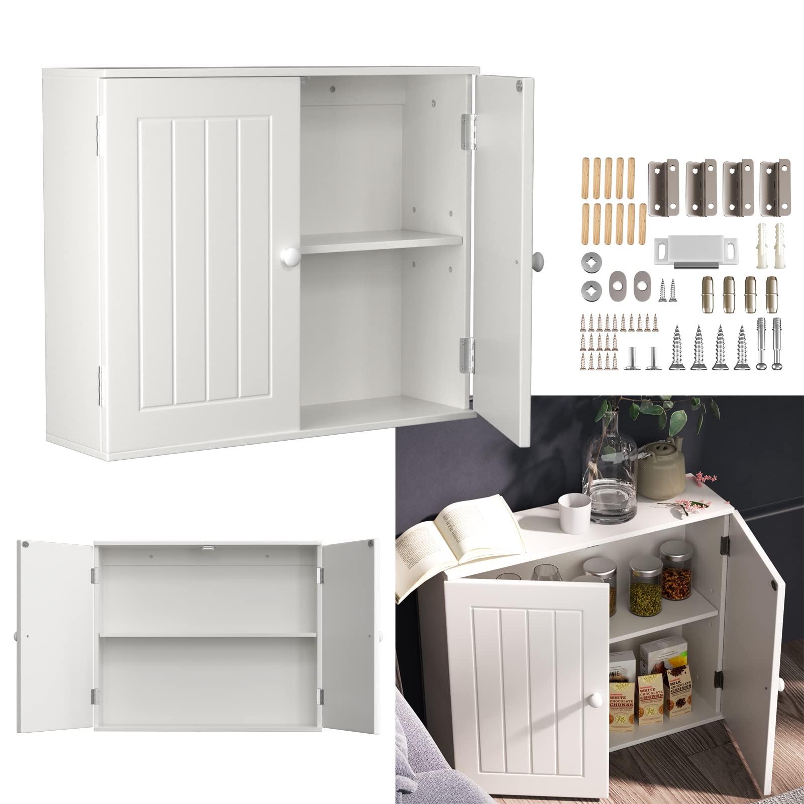 Double Door Bathroom Wall Cabinet White, Wall Mounted/Floor Standing Wooden Bathroom Cabinet Unit Storage Cupboard, Medicine Cupboard Toilet Storage Organizer with Adjustable Shelves, 60 x 50 x 15cm