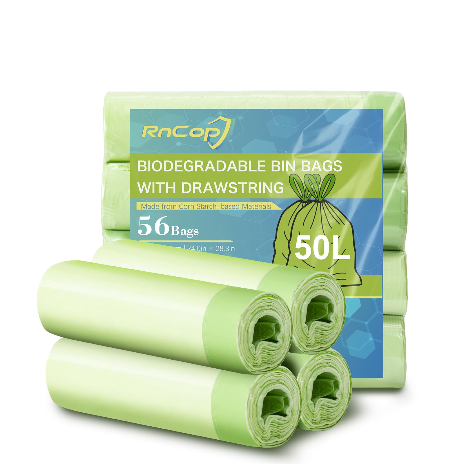 RnCop 50L Biodegradable Bin Bags with Drawstring Tie Handle, 56 counts Bin Liners Food Waste Bags Strong Trash Bags(61 x 72cm)