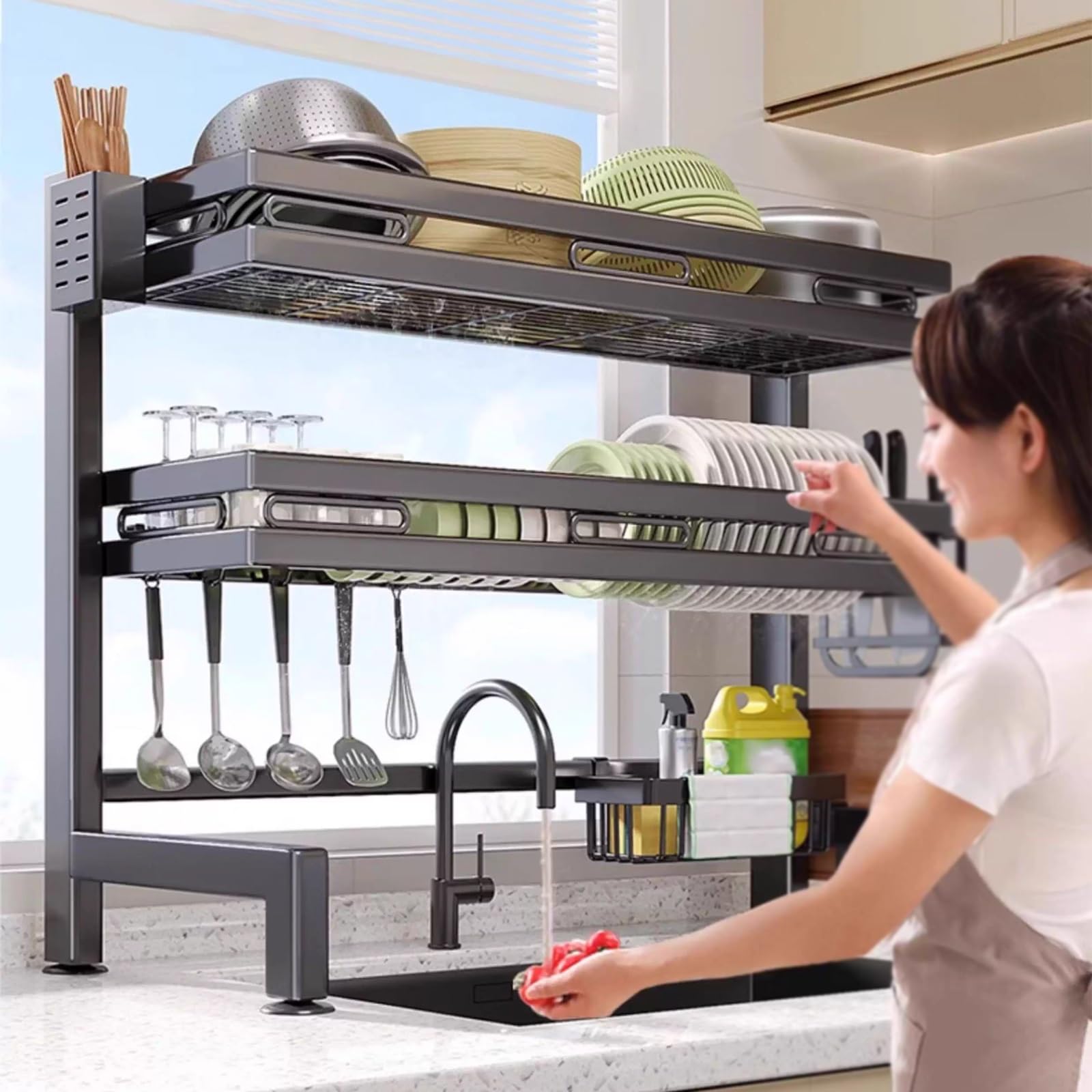 Doppellagig - Soporte de cocina con estante para cuchillos, escurridor de platos de 95 cm con Hoo, nizador de encimera para fregadero, escurreplatos que ahorra espacio.