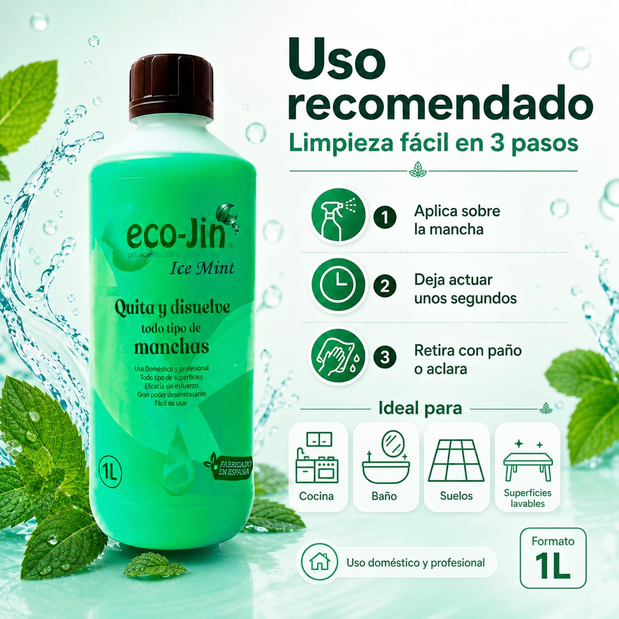 EcoJin Ice Mint 1L – Detergente Ecológico Concentrado Quitamanchas y Desengrasante Multiusos (6 unidades)