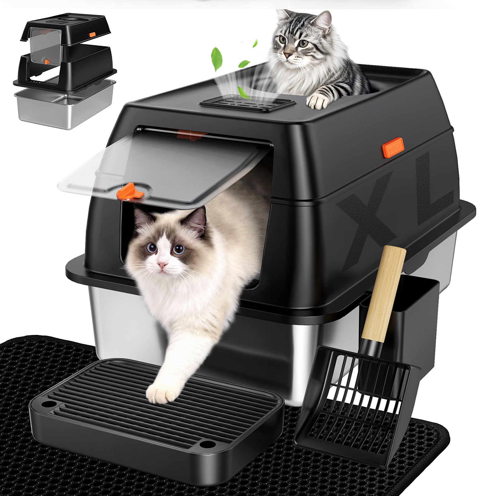 Extra Large Stainless Steel Litter Box with Lid, High Sided Enclosed Metal Cat Litter Pan, Dog Proof Front Entry Top Exit, Odor Control Easy Clean Leak Proof, Includes Mat, Scoop & Step, Black
