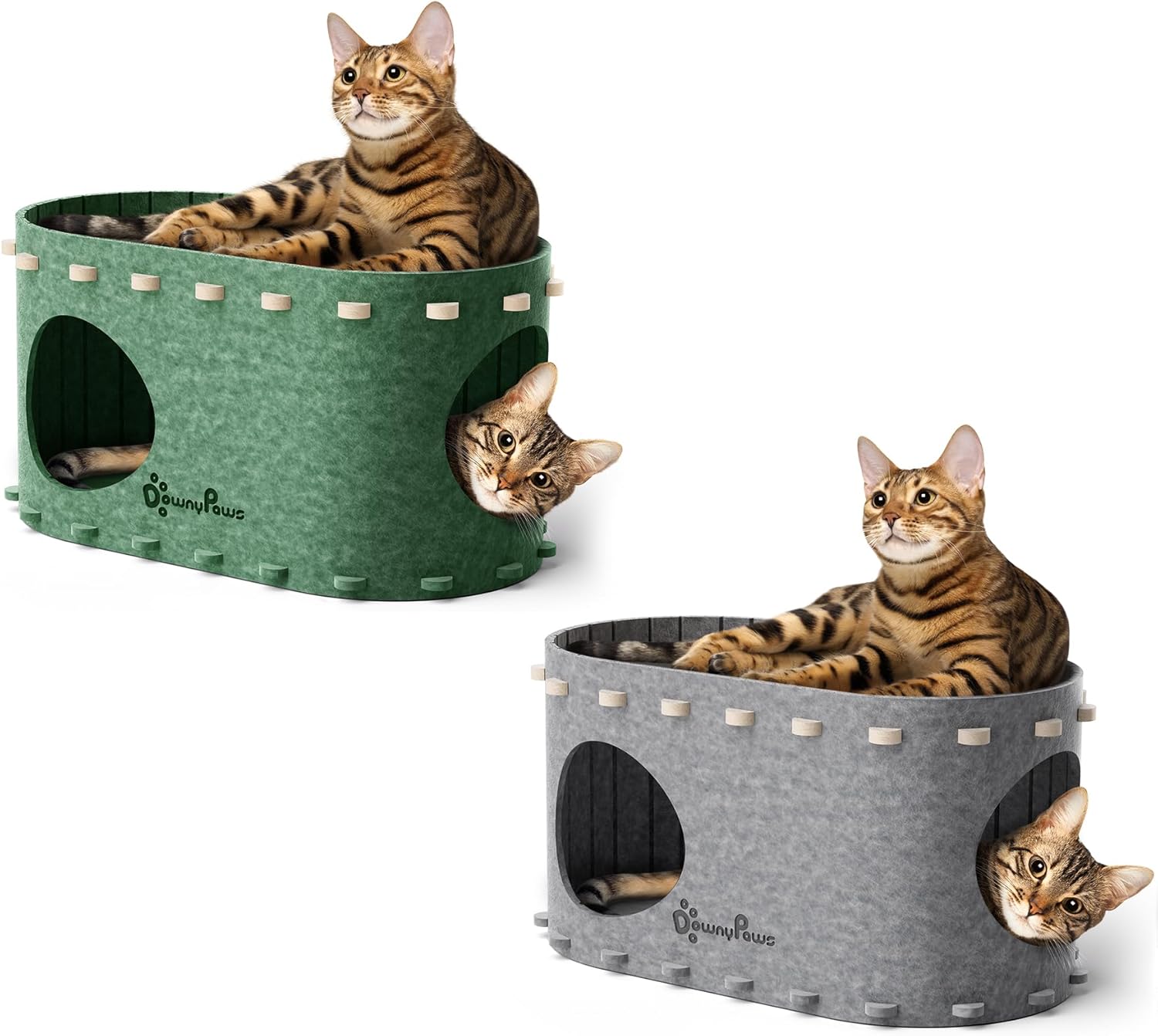 DownyPaws Cat House for Indoor Cats, Cat Bed Cave for Multiple & Large Cats Up to 22 Lbs, Scratch Resistant Peekaboo Cat Caves, Foldable Cat Tunnel Enclosed Bed, PeekaPurr, Light Gray and Forest