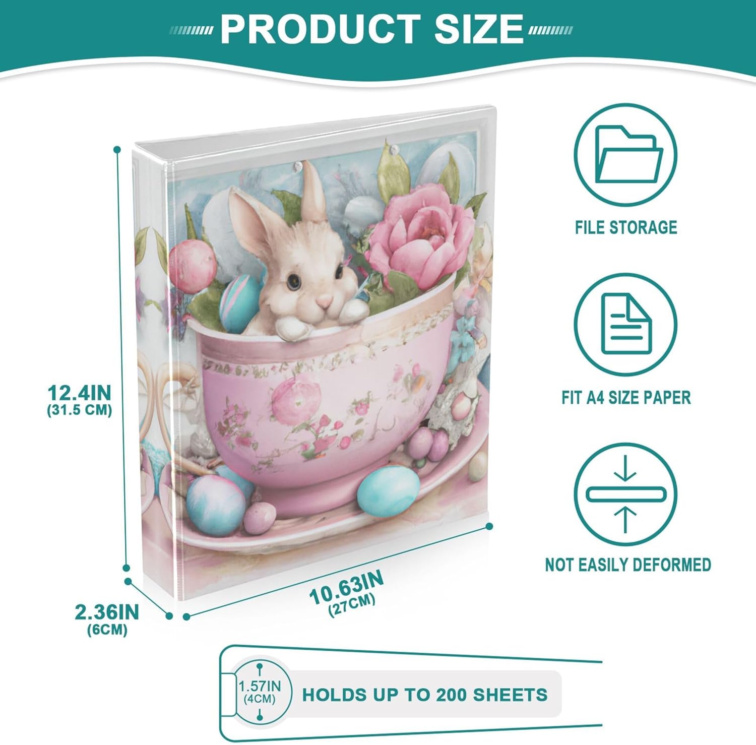 Cute Easter Teacup Bunny Eggs 3 Ring Binders, 1.5” Round Ring Binders with Clipboard - Letter Size, 3 Interior PVC Clear Pockets & Anti-Slip Clip for Office School Supplies, 2PCS