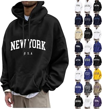 Hoodies for Men Letter Print Graphic Oversized Sweatshirt Casual Long Sleeve Pullover with Pockets