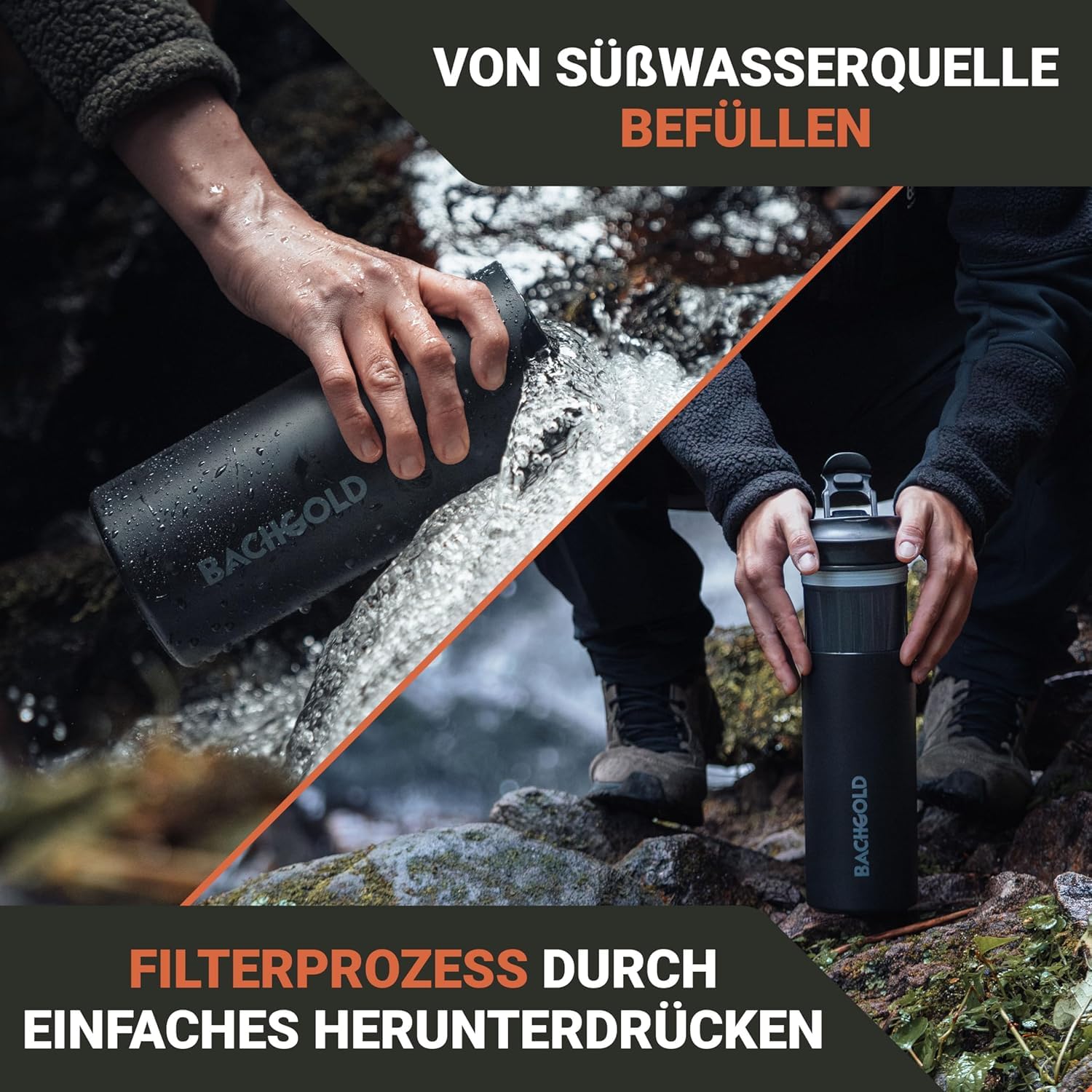 Bachgold® Profi Outdoor Wasserfilter Flasche I Entfernt 99,99% aller Bakterien und filtert Mikroplastik, Partikel und Chlor I Blackout & Krisensicher (Schwarz, 500ml) + 1 Bachgold® Wasserfilter Outdoo