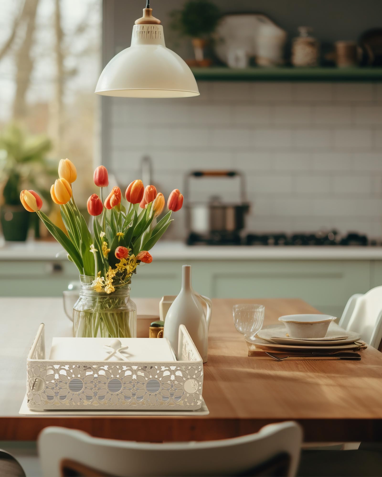 Servilletero para mesa, organizador de servilletas con bola de hierro resistente y elegante borde de girasol para cocina, hogar, encimera, granja, baño, bar, restaurante (hierro blanco)