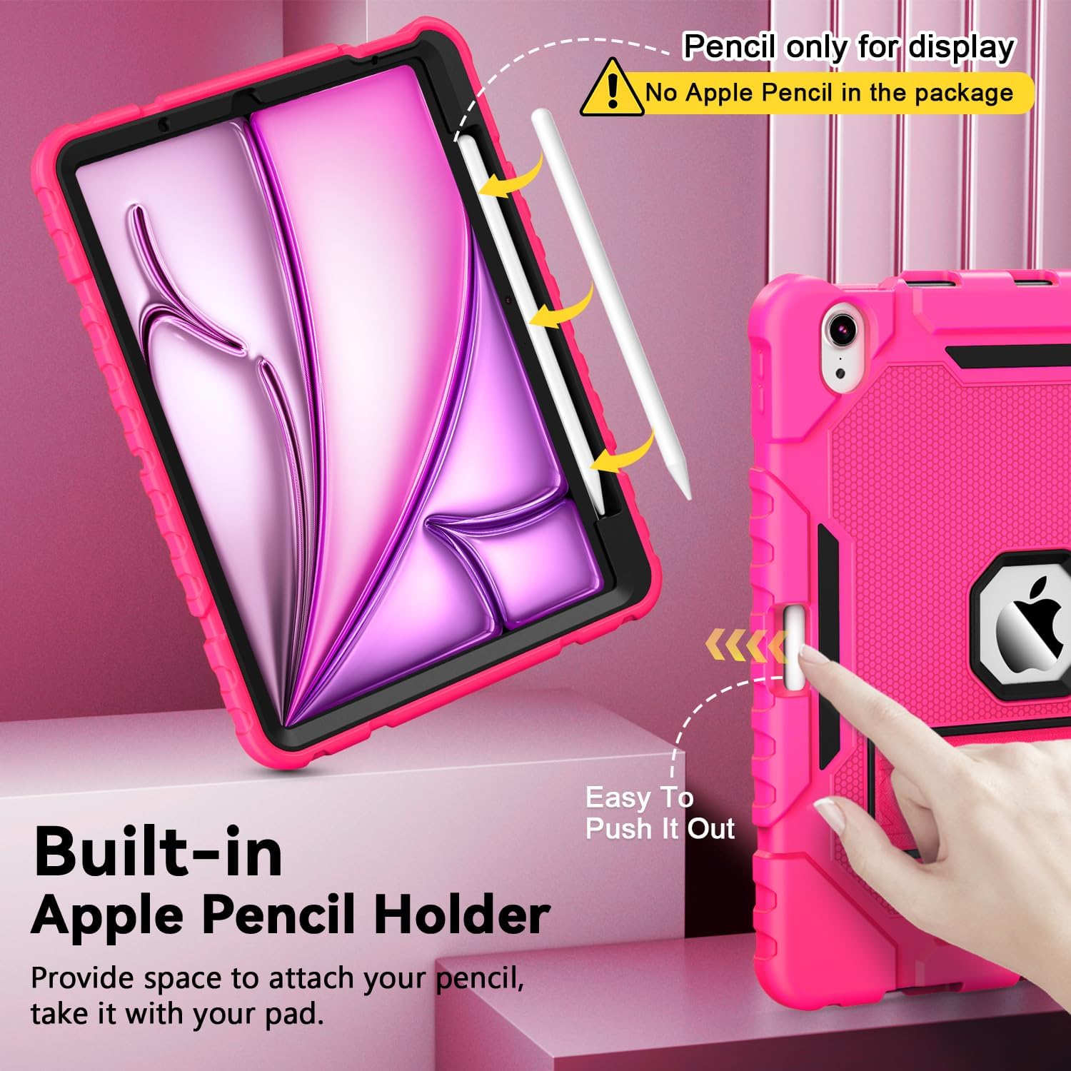 Grifobes Case for iPad Air 11-inch (M4/M3/M2) 2026/2025/2024, for iPad Air 5th/4th Generation 2022/2020 10.9", Heavy Duty Rugged Cover with Stand/Pencil Holder for i Pad Air 5 4 Gen(Hot Pink)