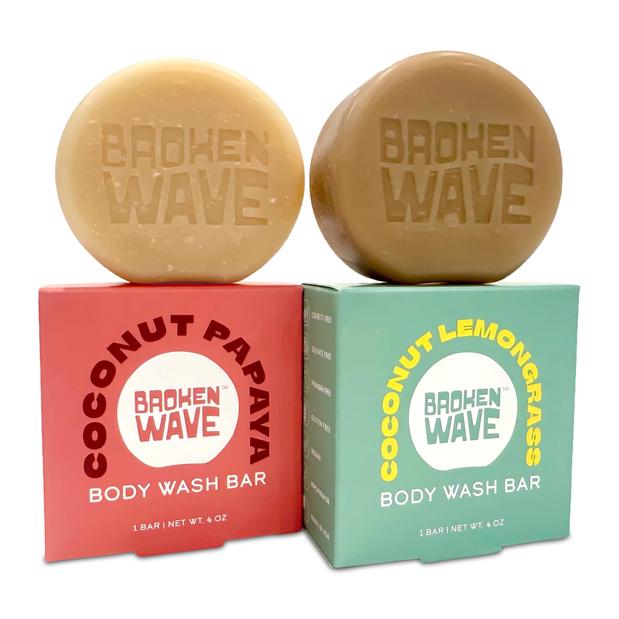 Broken Wave Natural Bar Soap for Women and Men | Hydrating, Vegan, Cruelty-Free Bar Soap | Coconut Lemongrass & Papaya Scent | Sulfate, Paraben &