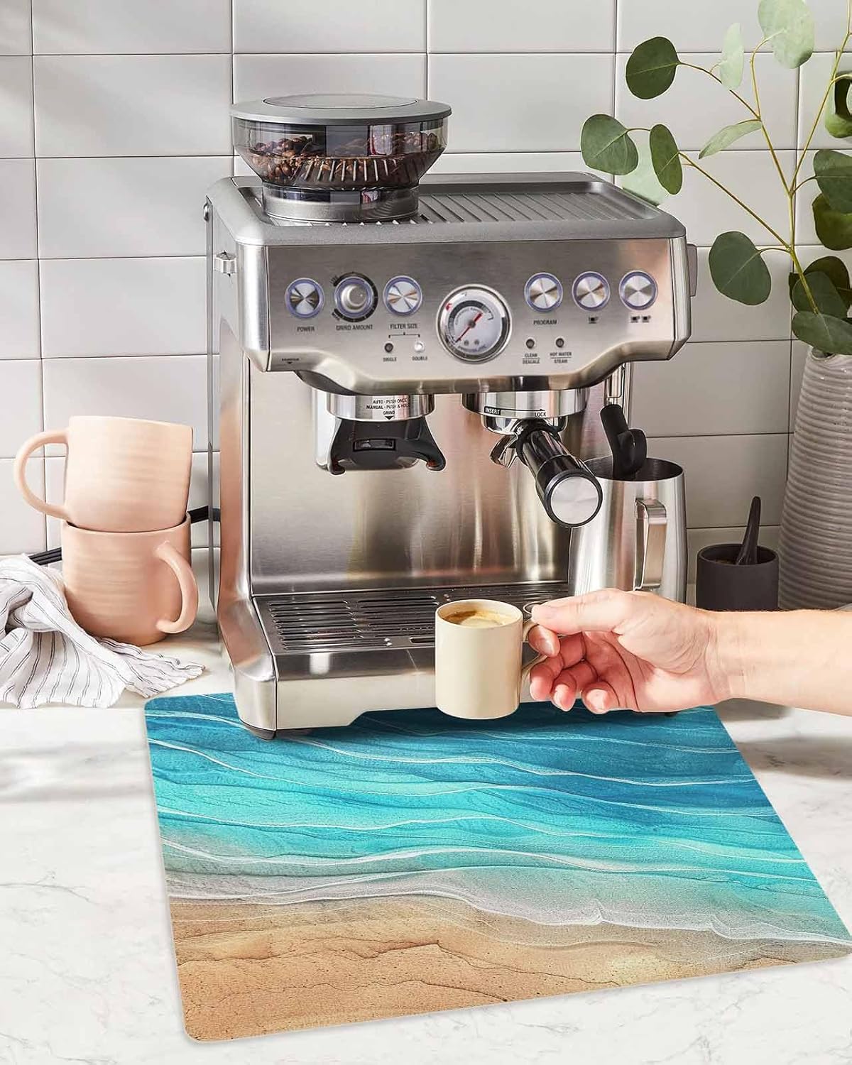 Coffee Mat 16x18in,Coffee Maker Pad Beach Sea Foaming Waves Blue Ombre Absorbent Non-slip Coffee Bar Accessories Dish Drying Mat for Kitchen Counter,Sandbeach Ocean Coastal Art