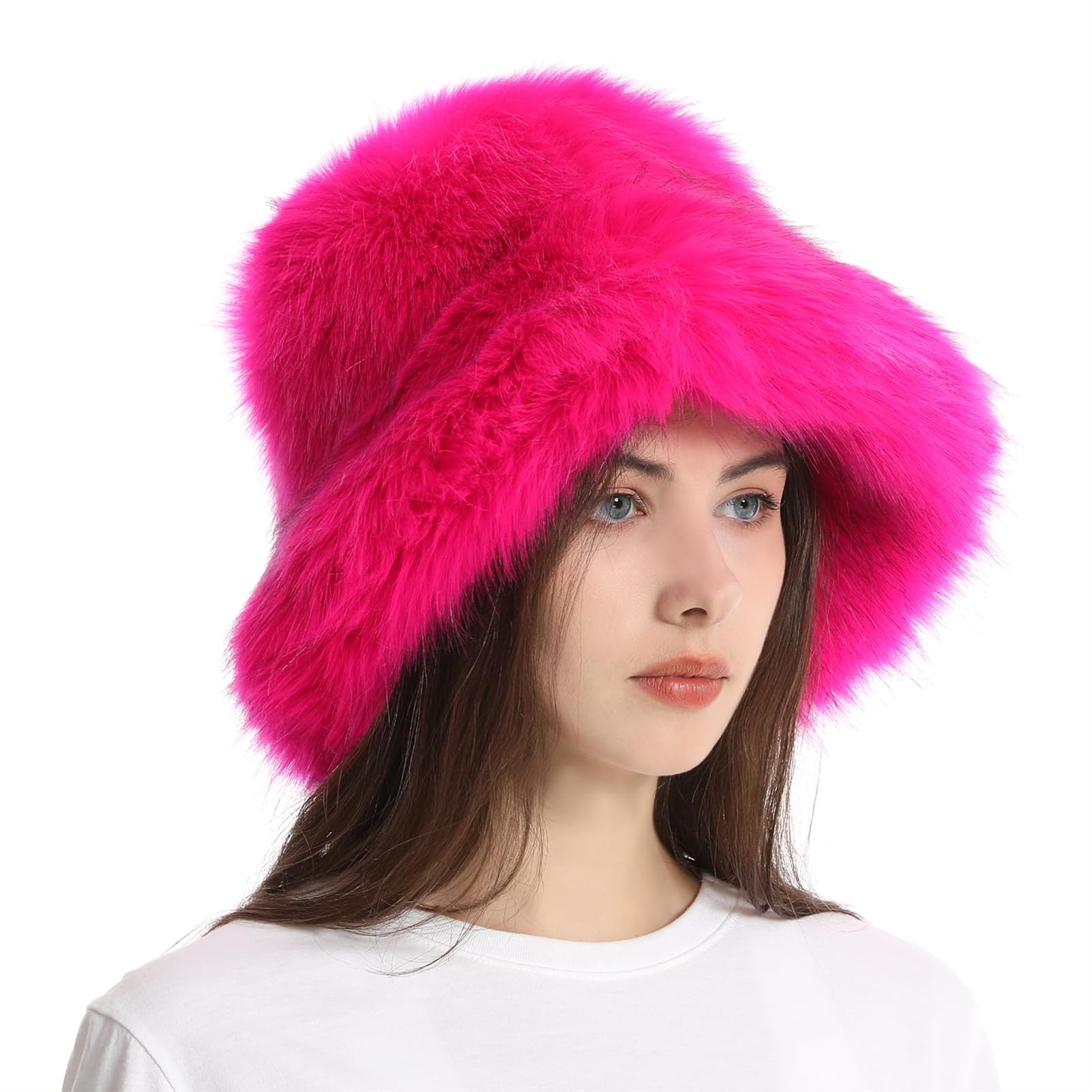 Reyox Women Winter Fuzzy Bucket Hat Warm Solid Color Faux Fur Fisherman Cap Hot Pink