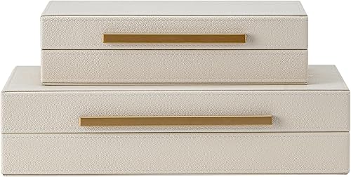 Juego de 2 cajas de almacenamiento decorativas Shagreen beige con asas de metal doradas, joyas de piel sintética y cajas de memoria, organizadores