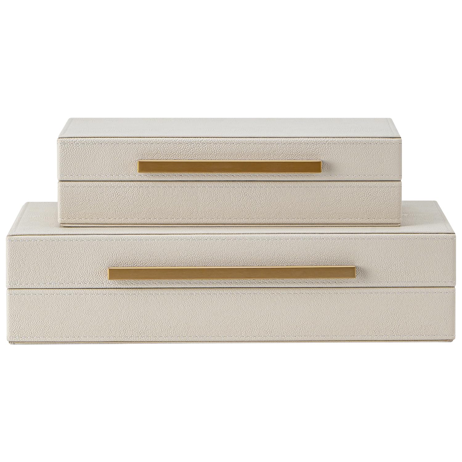 Set of 2 Beige Shagreen Decorative Storage Boxes with Gold Metal Handles – Faux Leather Jewelry & Memory Boxes, Nesting Photo Organizers for Home Decor