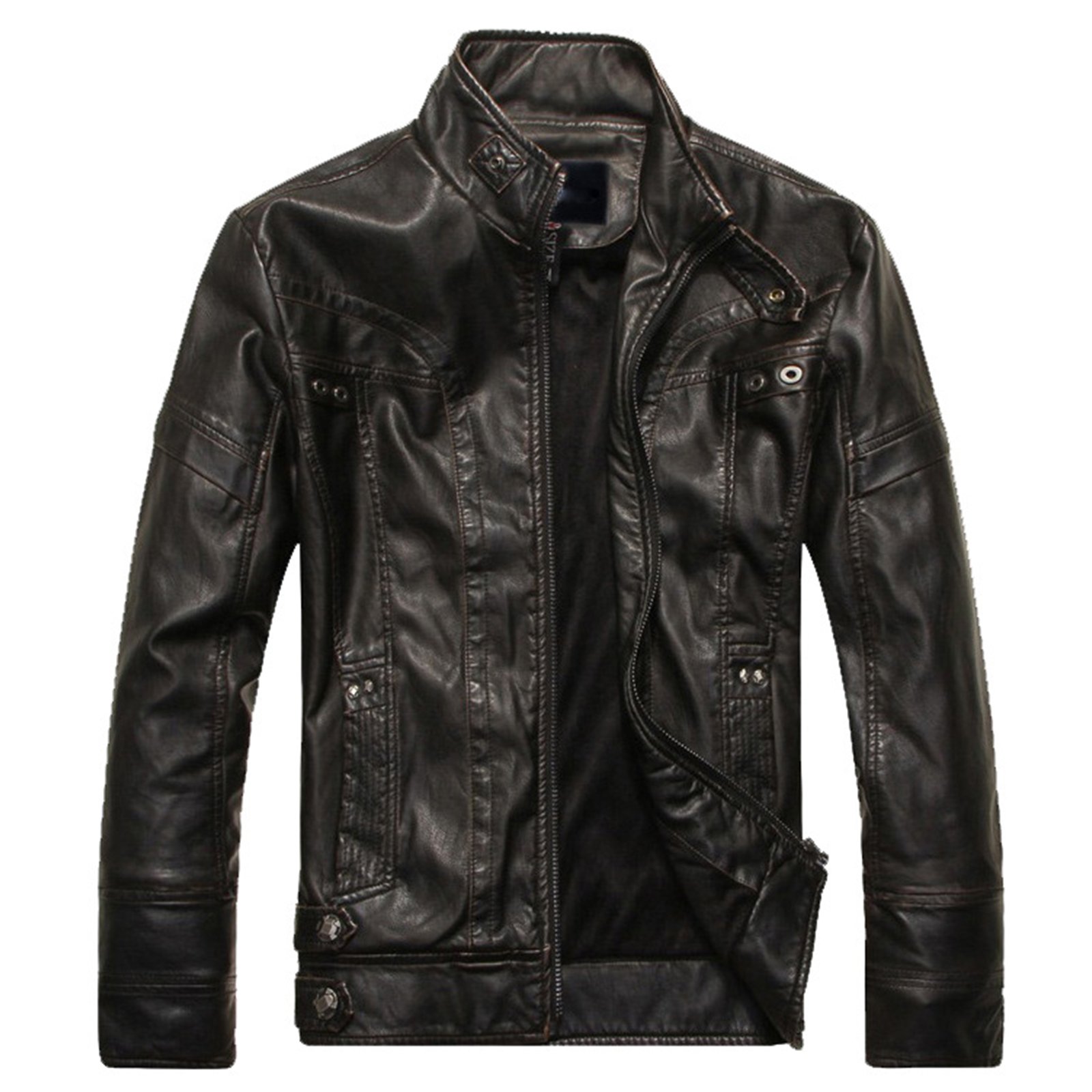 Herren Lederjacke Retro Biker Kunstleder Jacke Freizeitjacke Übergangsjacke mit Stehkragen