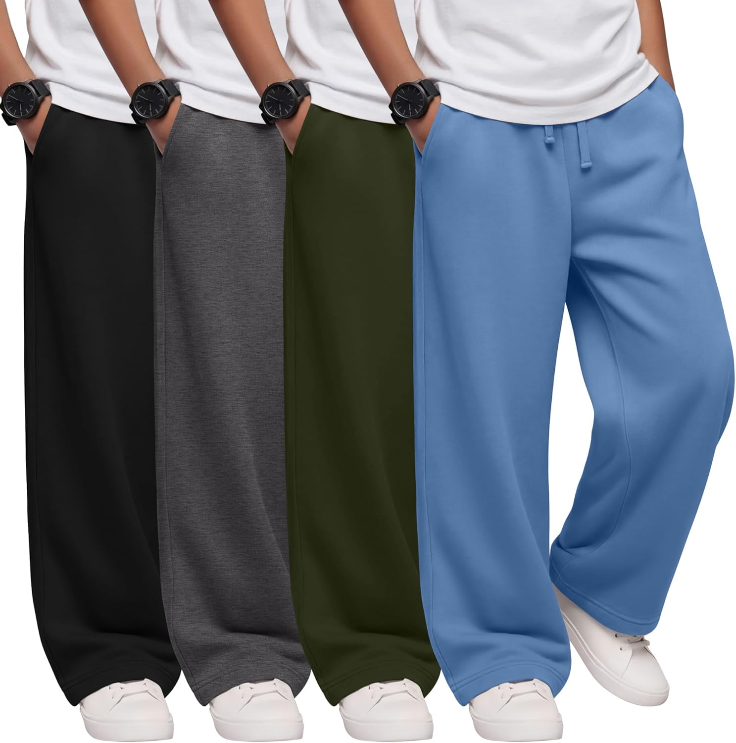 4 Pack Boys Sweatpants Athletic Straight Leg Pants Kids Open Bottom Lightweight Drawstring Joggers with Pockets