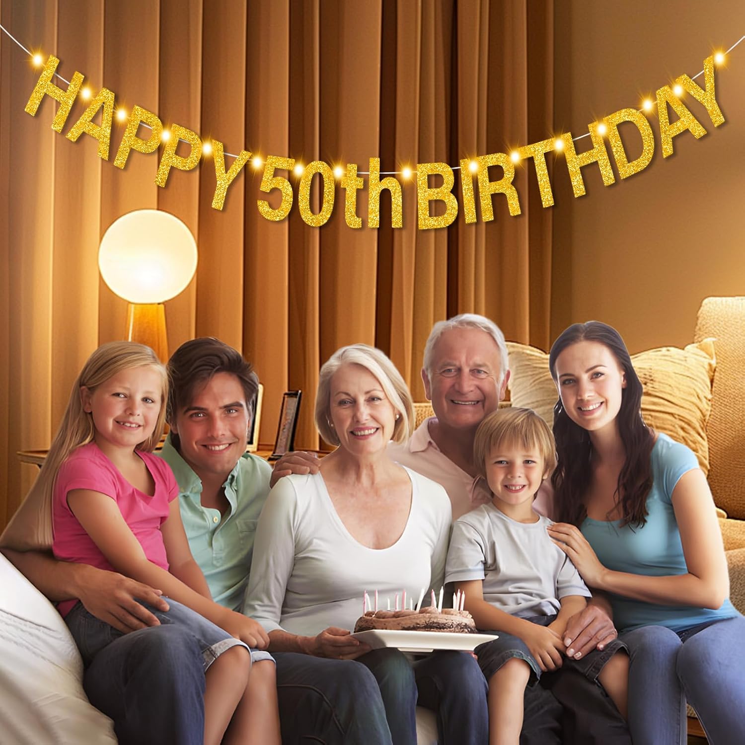 Happy 50th Birthday Party Decorations for Women Men, Pre-Strung Gold Banner 50 Years Old Birthday Supplies with 6.5ft/2m Warm White LED Lights, Funny Fifty Bday Party Favor