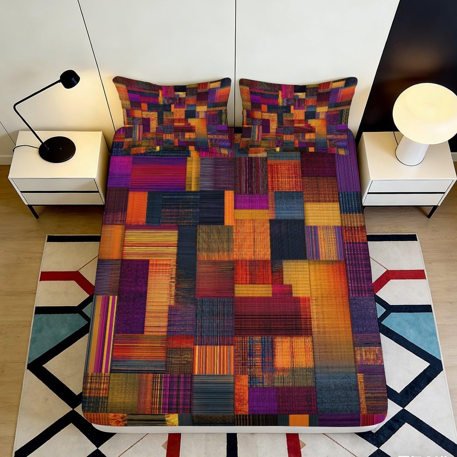 3D Printed Geometric Patchwork Fitted Sheet Microfiber Orange Purple Mattress Cover Bedroom Dorm Decor 120x200x25cm