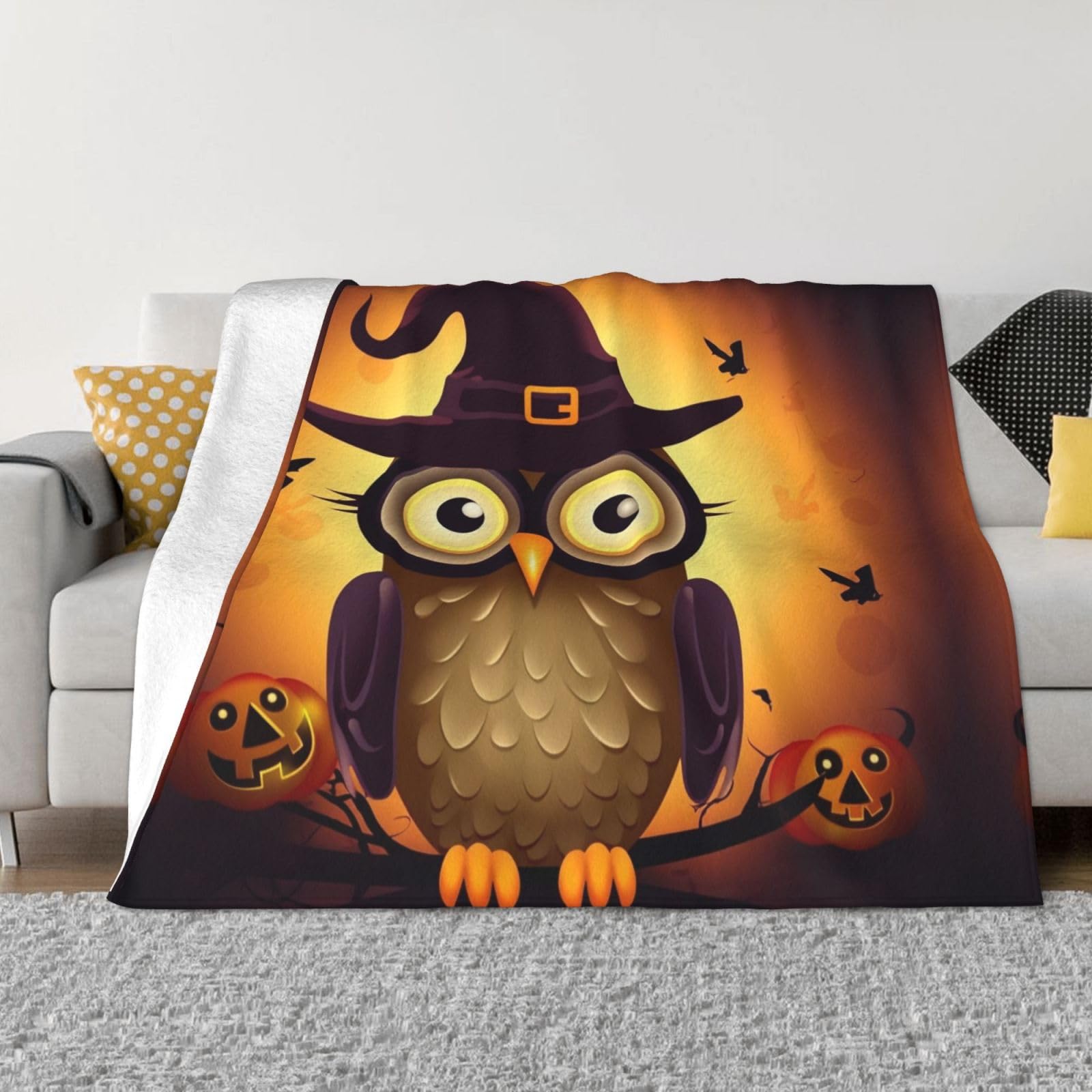 Couverture en flanelle de canapé premium motif hibou avec finitions soignées 152x203 cm