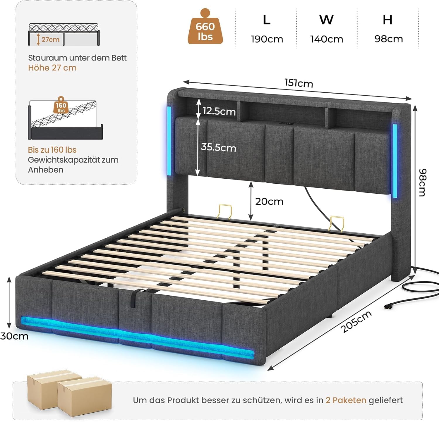 AOGLLATI Letto Matrimoniale Contenitore 140x190 cm con Sollevamento Idraulico, Letto Imbottito con Illuminazione a LED e Stazione di Ricarica, Struttura Letto con Testiera Imbottita, Grigio Scuro