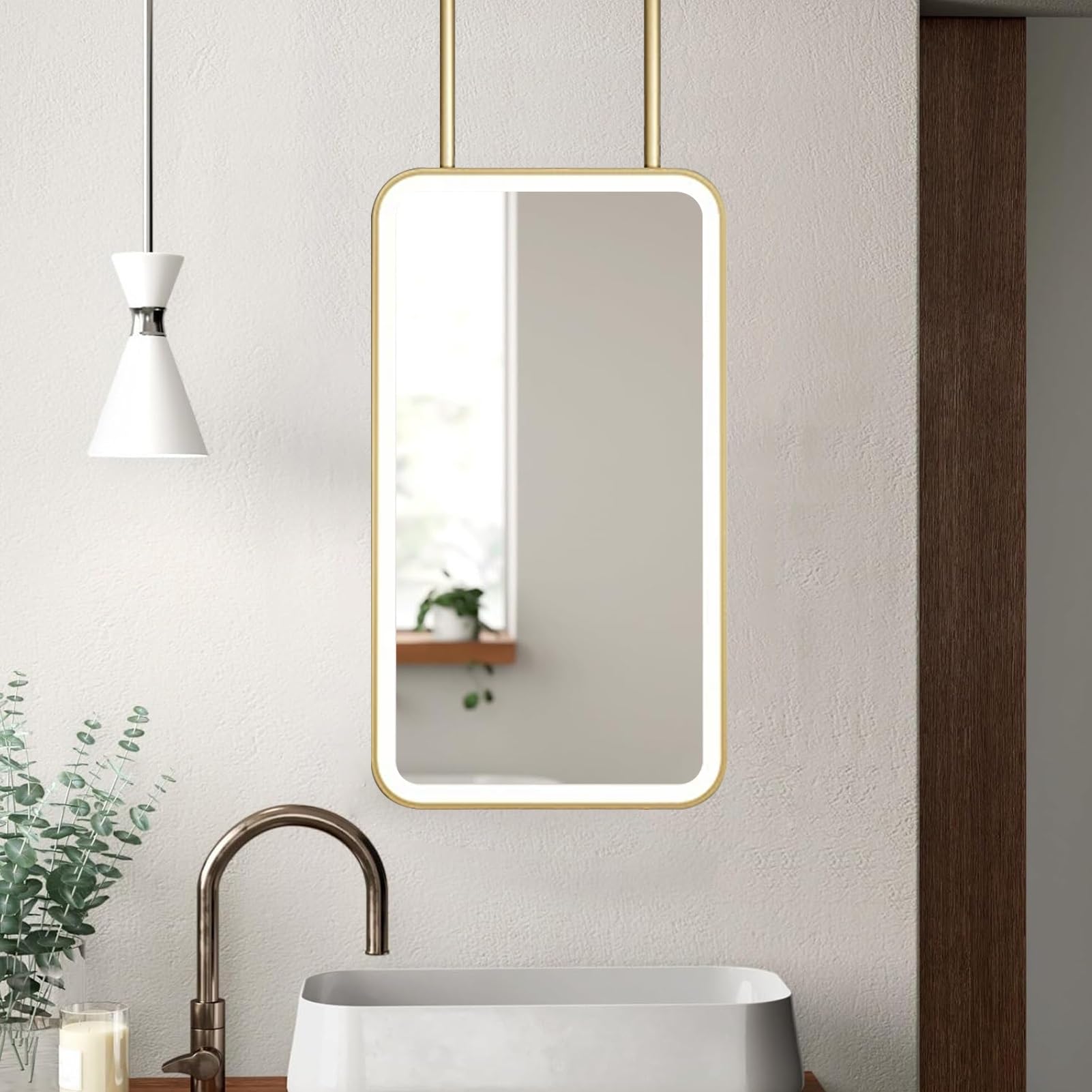 GLJTUO LED Wall Mirror with Metal Framed,Ceiling Mounted Mirrors Gold Hanging Rod,Rectangle Vanity Makeup for Bedroom Living Room Hallway,size_name-50L x 70W cm