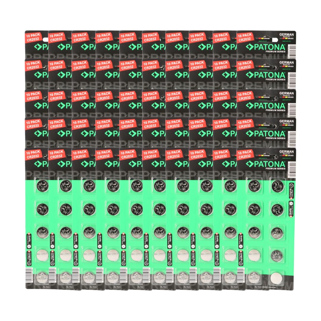 PATONA Premium CR2032 - Pilas de litio (500 unidades de 50 x 10 blísteres, 3 V, 240 mAh, no recargables) - Pilas de botón para mandos a distancia, llaves de coche, sensores y tecnología de medición
