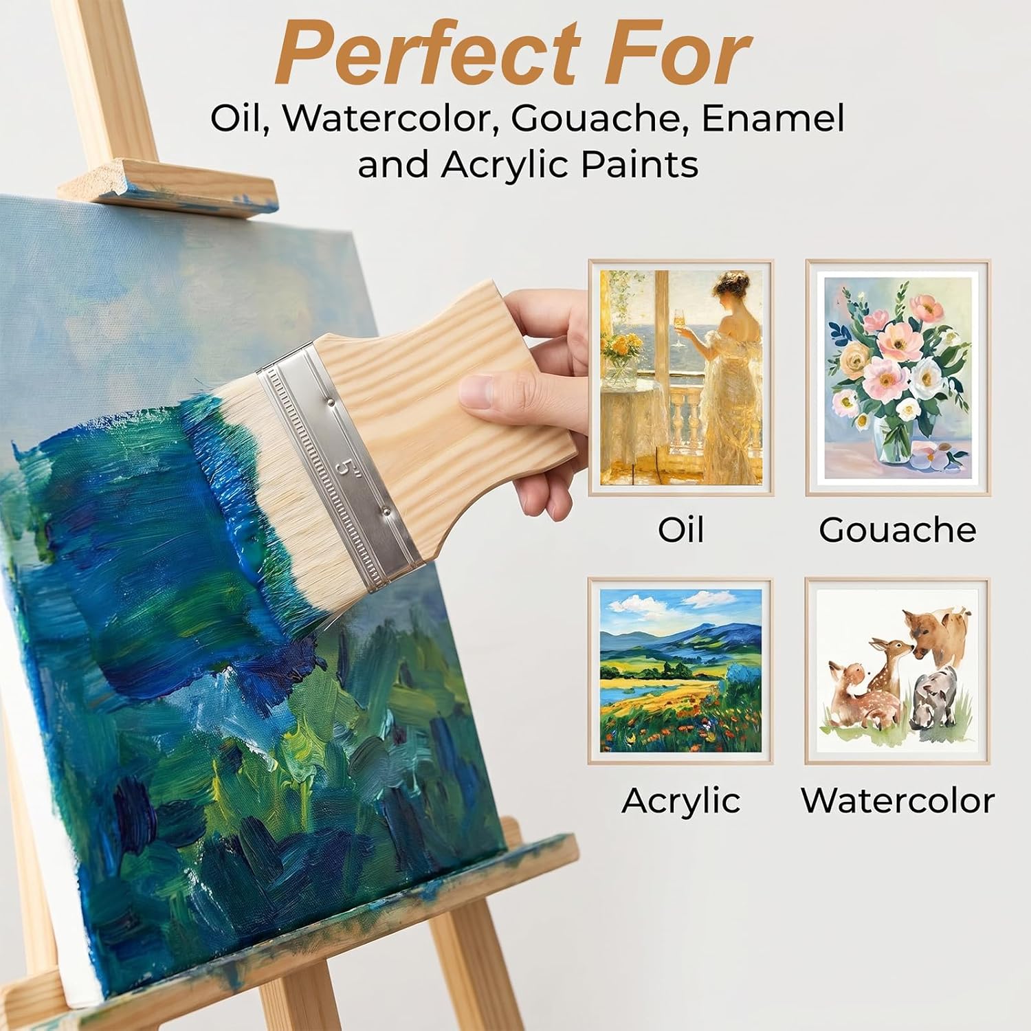 3 Pcs Flat Paddle Paint Brush Set Wide Paint Brush 3/4/5 Inch Large Paint Brush with Poplar Handle Art Paint Brush Wool Paint Brushes for Oil and Acrylic Paints