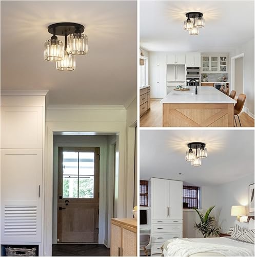 Miniatura 7 de Lámpara de techo semiempotrada de cristal, 3 luces, modernas, cerca del techo, lámparas de cocina negras con pantalla de cristal transparente,