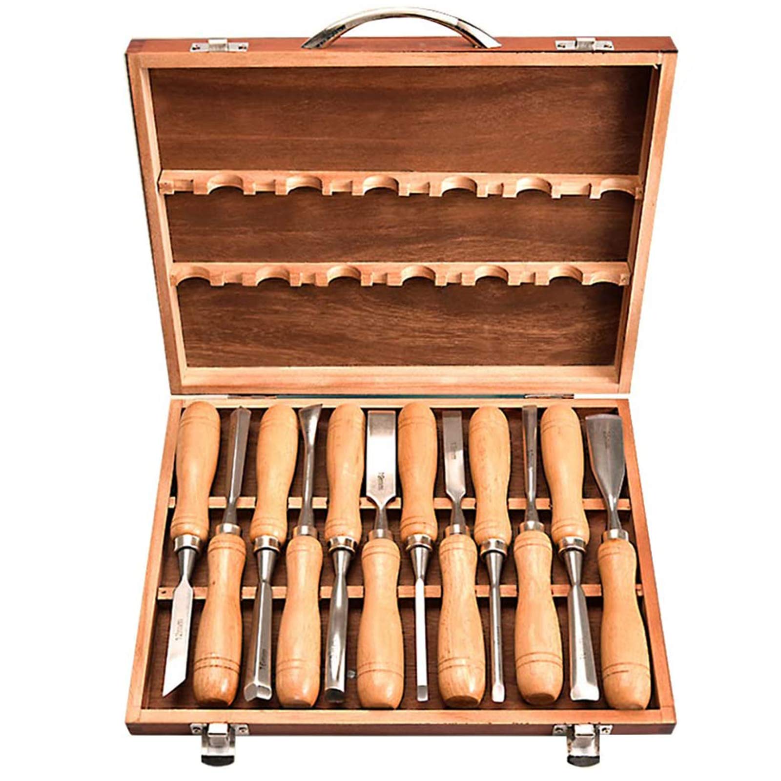 Juego de herramientas de cincel para tallado de madera, gubias para herramientas manuales profesionales para carpintería, 12 piezas, juego de cinceles para tallado de madera con caja de madera, cince
