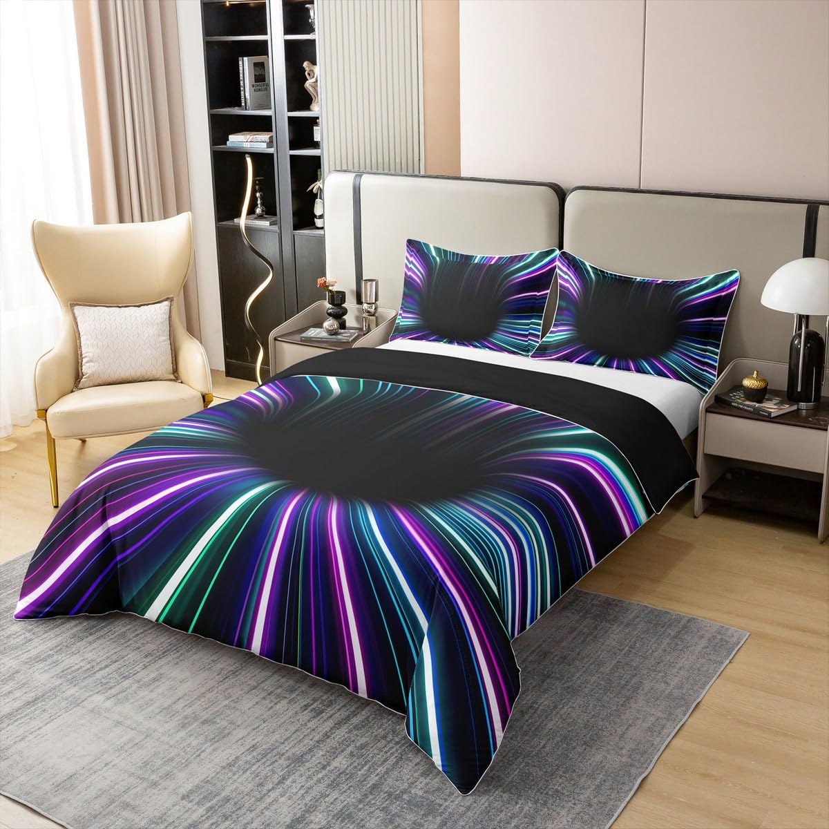 100% Organic Cotton 3D Vortex Duvet Cover Single,Ombre Gradient Comforter Cover,Geometric Stripe Bedspread Cover for Adult,Visual Illusion Quilt Cover,Modern Abstract Art Bedding Set - Image 3