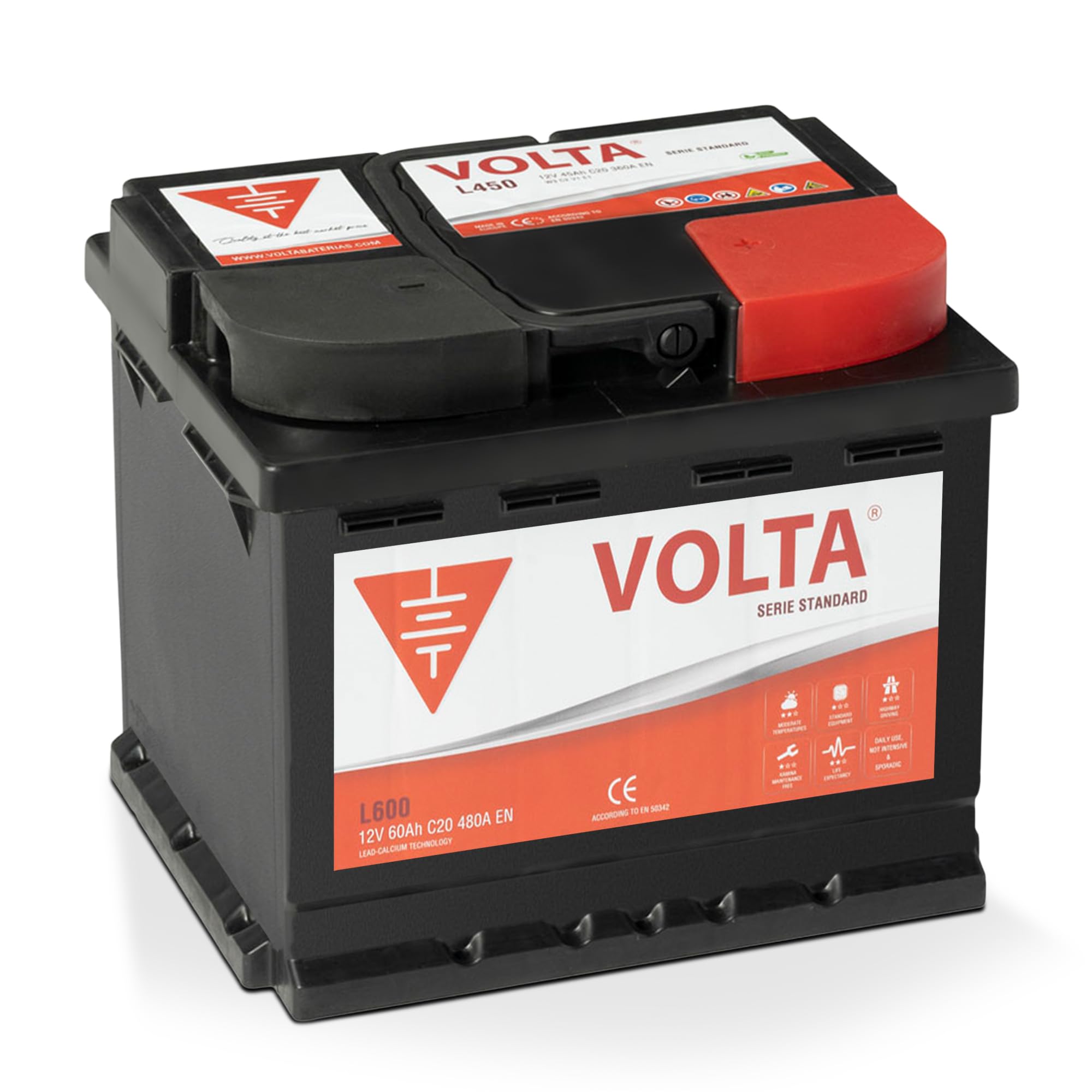 Batería De Coche 60Ah 480A EN Standard Volta L600D, bateria de automóvil de turismo, Plomo-Calcio, Batería 60Ah - Borne +Dcha - Medidas 242 x 175 x 190mm con 2 años de Garantía - Fabricación Europea