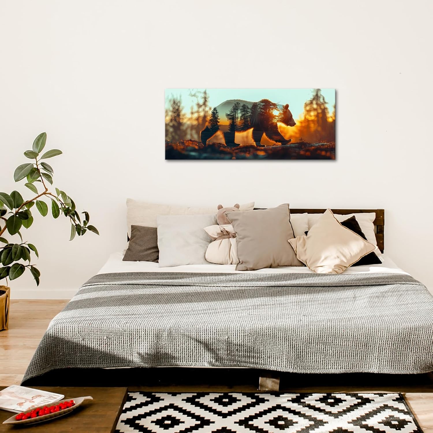 iKNOW FOTO Bear and Forest Canvas Wall Art - Double Exposure Wildlife Photography - Rustic Cabin Decor - Woodland Animal Canvas Prints - Panoramic Pictures for Office, Living Room 20x48