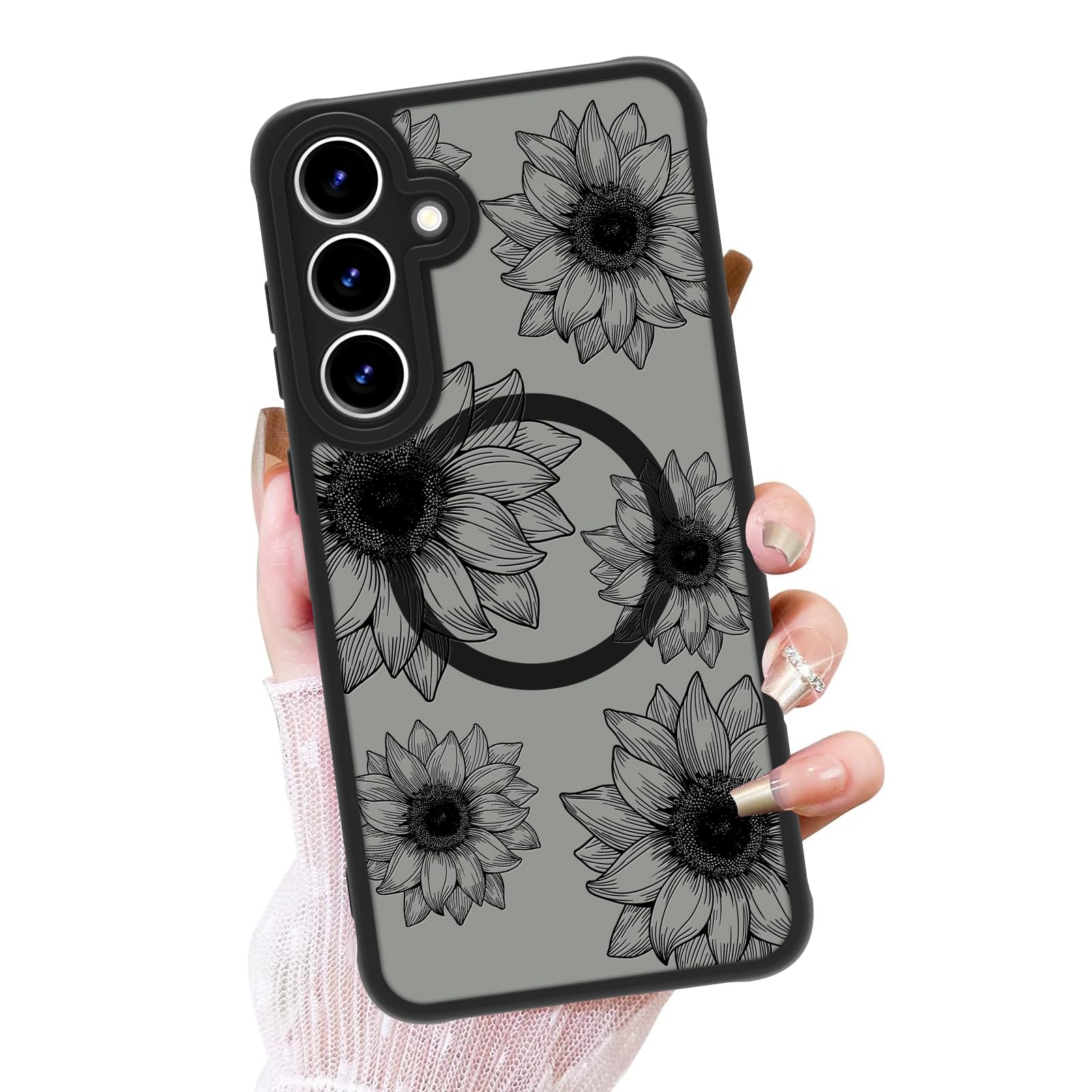 OOK Phone Case Design for Samsung Galaxy S25 Plus Case [Compatible with MagSafe], Cute Sunflower Floral Blooms Design Black Frosted Shockproof for