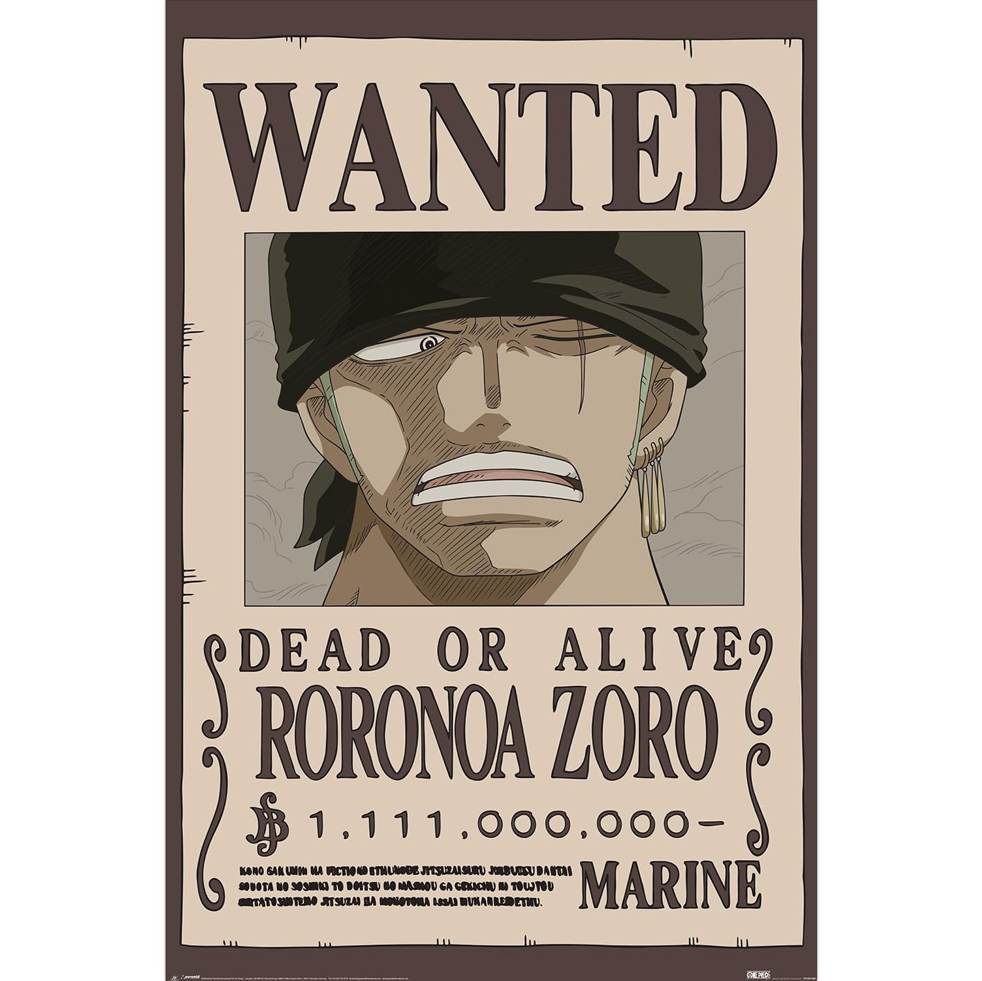 Pyramid International One Piece (Wanted Zoro) Maxi Poster, Premium Wall Art 91.5cm x 61cm, Licensed Merchandise