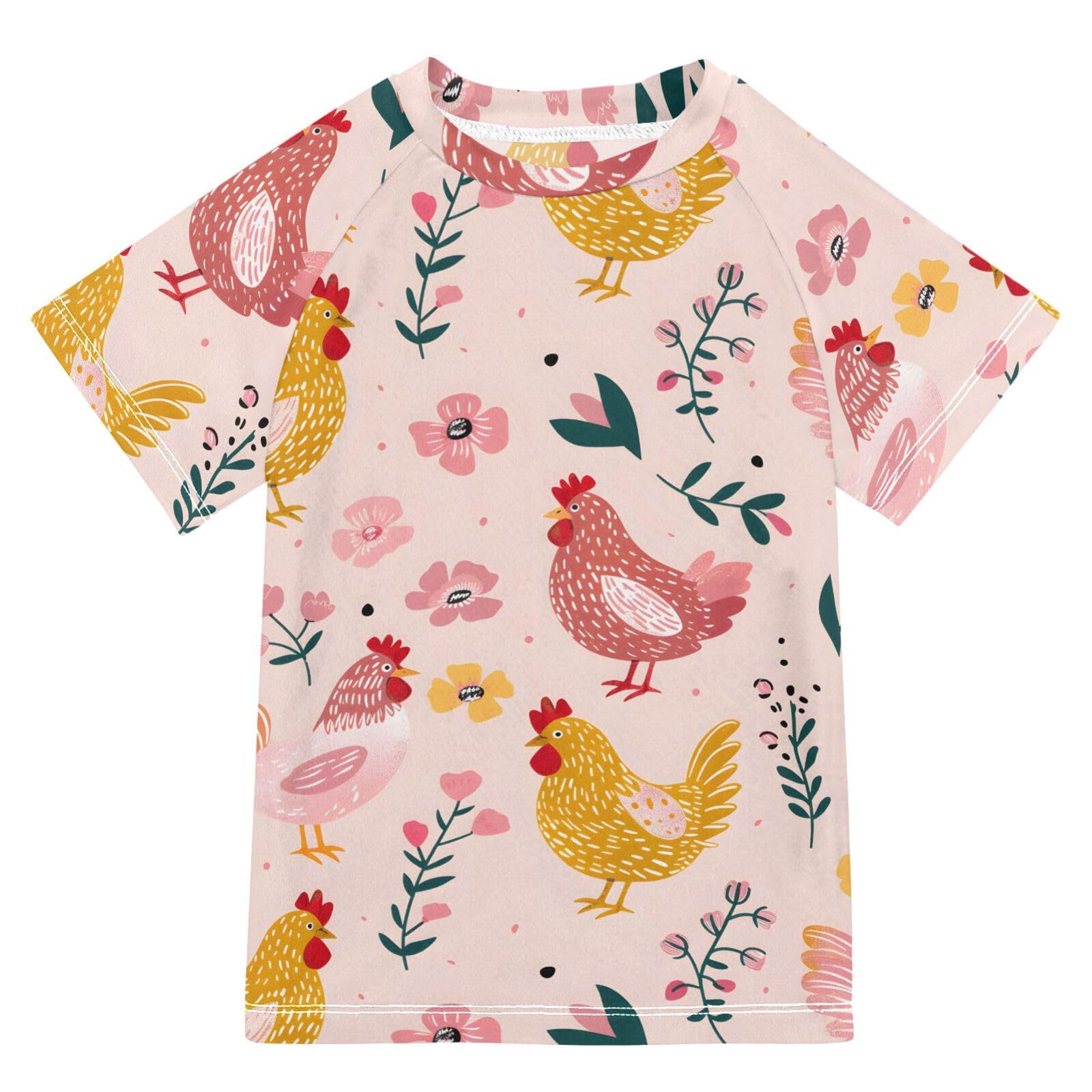 Boys Rash Guard Short Sleeve Swim Shirts for Boys Chickens Pink Sun Protection 7-8T