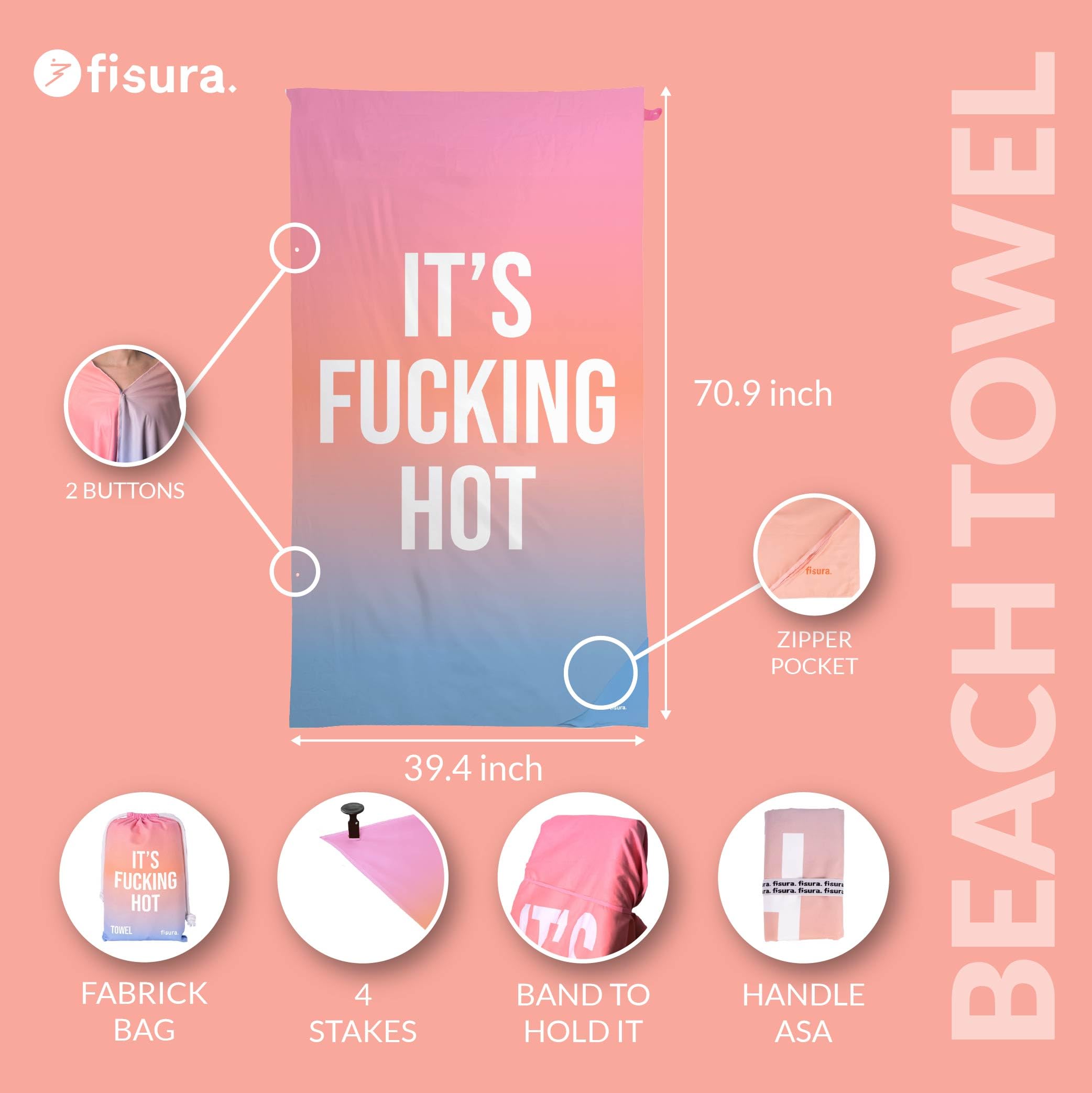 Fisura, Microfibre Beach Towel, Quick Dry, Sand Resistant, Lightweight, “Hot” Gardient - Image 3