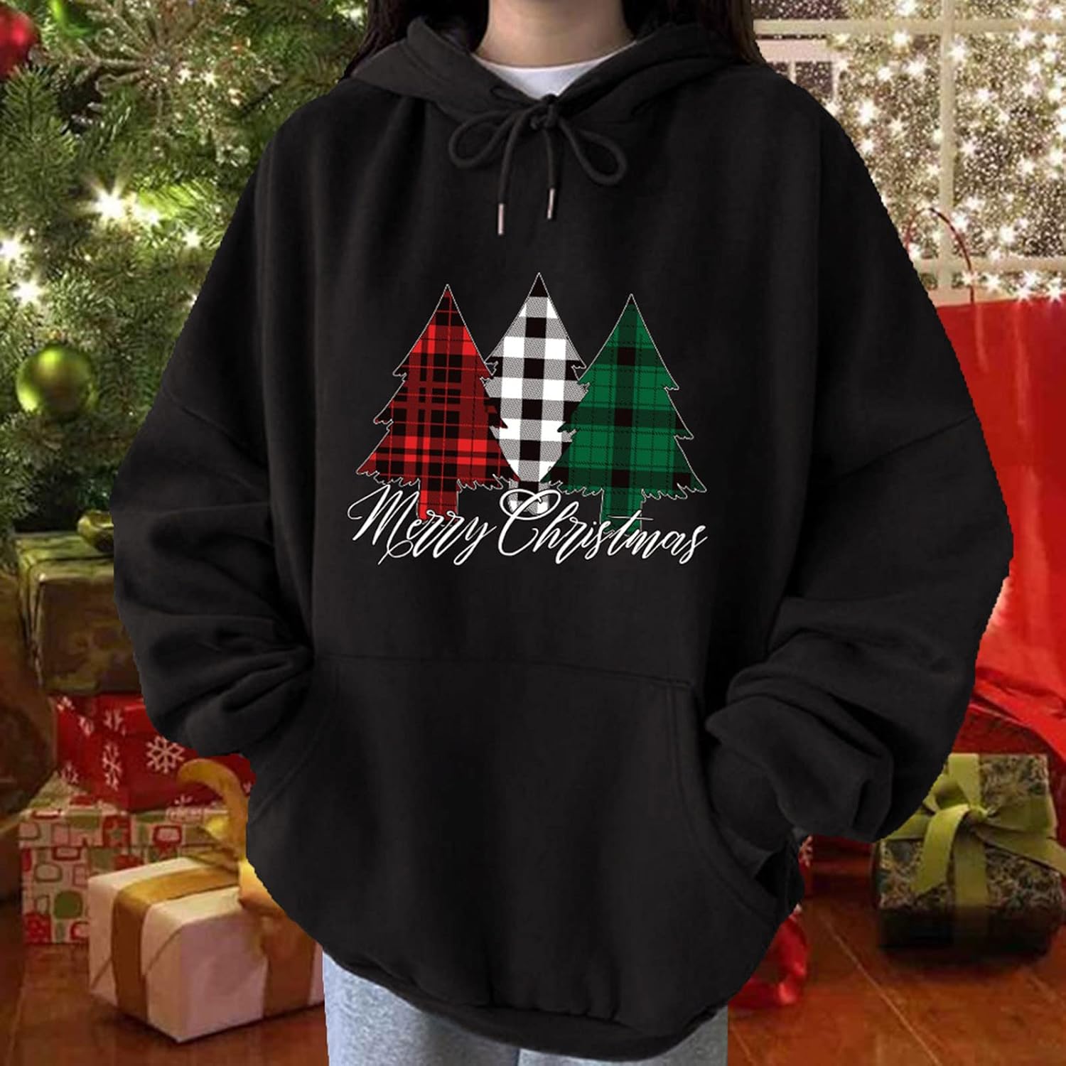 Christmas Hoodies for Women, Plus Size Long Sleeve Plaid Xmas Tree Print Sweaters Pullover, Casual Loose Fit Tops : Clothing, Shoes & Jewelry