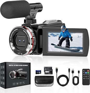 4K Camcorder Video Camera, 48MP Dual Lens Camera with 60° & 120° FOV, Microphone, 21X Digital Zoom, Rotatable Screen, Remote Control, 2 Batteries and 64GB Card