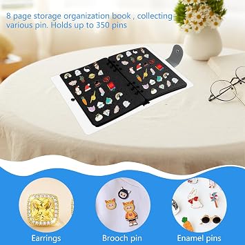 8 Pages Enamel Pin Display Pages, Pin Collection Display Book 9.2X6.7In Pin Collector Storage, Brooch Holder Page-Flip Pin Display Holder, Enamel Pin Display Stand For Store 350 (Black-02)