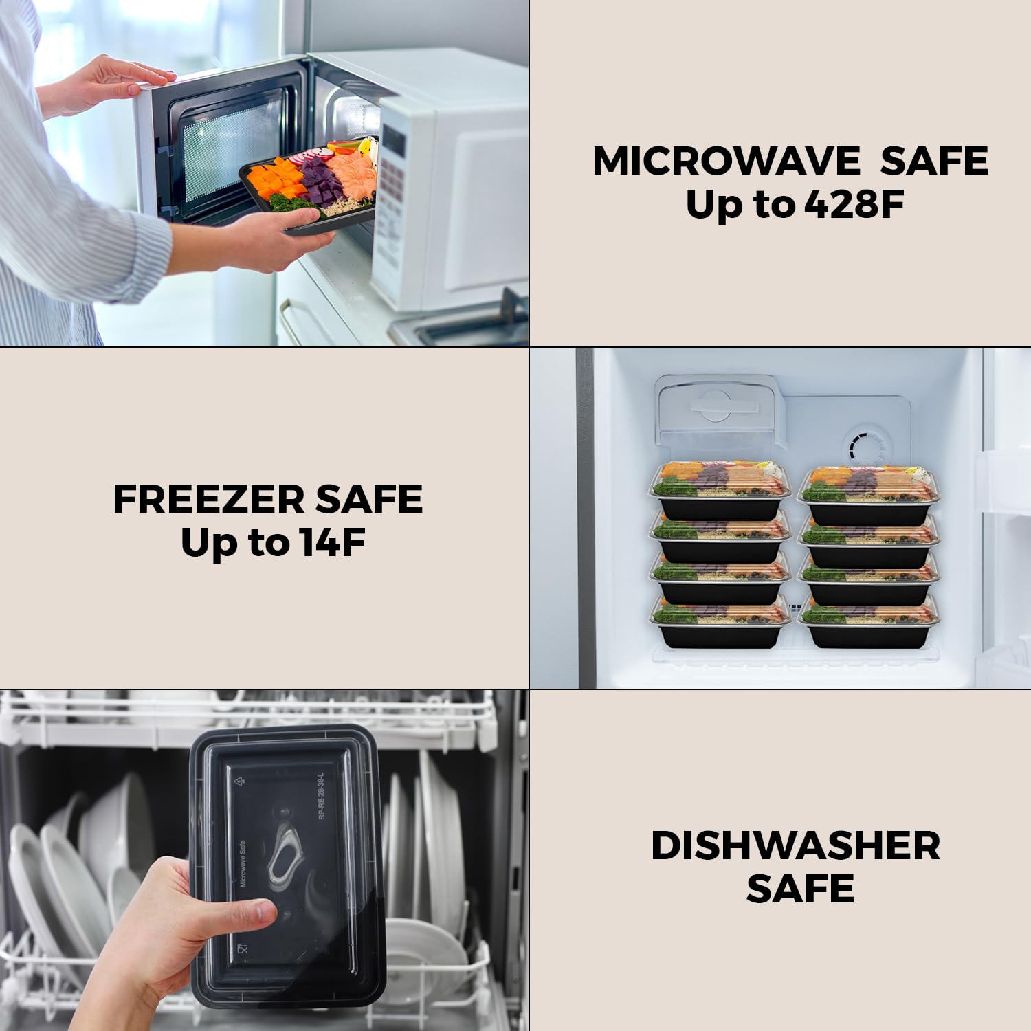 Klex Recipientes de preparación de comidas con tapas herméticas, sin BPA, recipiente de plástico reutilizable para alimentos, 38 onzas, rectangular, negro/transparente, 50 juegos