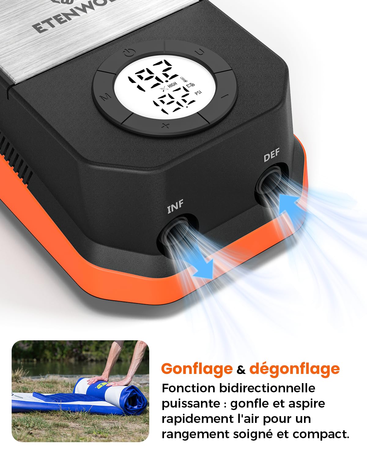ETENWOLF S4 Gonfleur Paddle Electrique Sup - Haute Pression 1,4 Bar 12V CC | Arrêt Auto - Dégonflage Rapide - 4 Vitesses - pour Planche, Kayak, Matelas et Bateau Pneumatique
