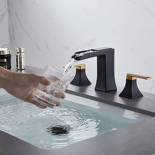 Miniatura 2 de Grifo de baño generalizado de 3 agujeros, cascada negra y dorada, grifo de lavabo de baño central de 4 pulgadas con drenaje desplegable y líneas de